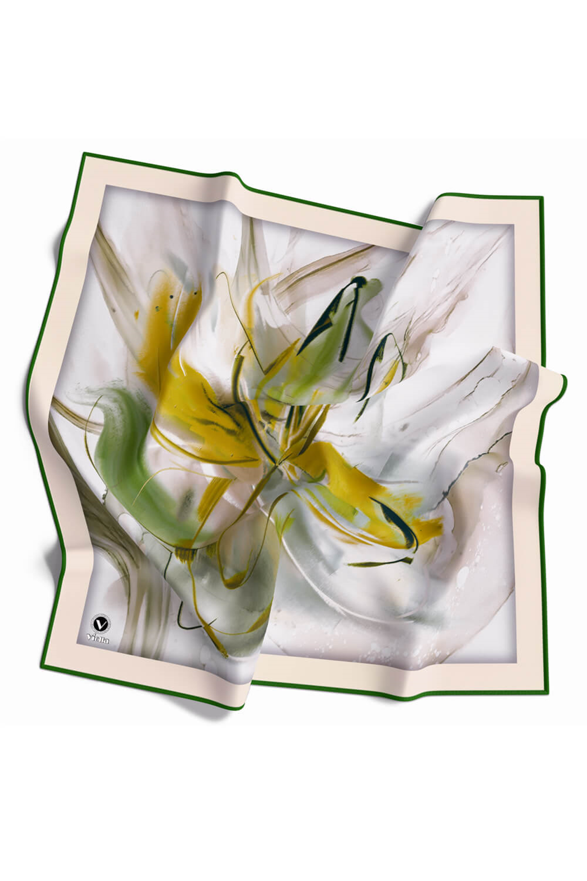 Twill Çiçek Tablo Desenli Zümrüt Yeşili Renkli 90x90 Eşarp (İpek İçermez) Kenar Dikiş Şekli El Dikişli
