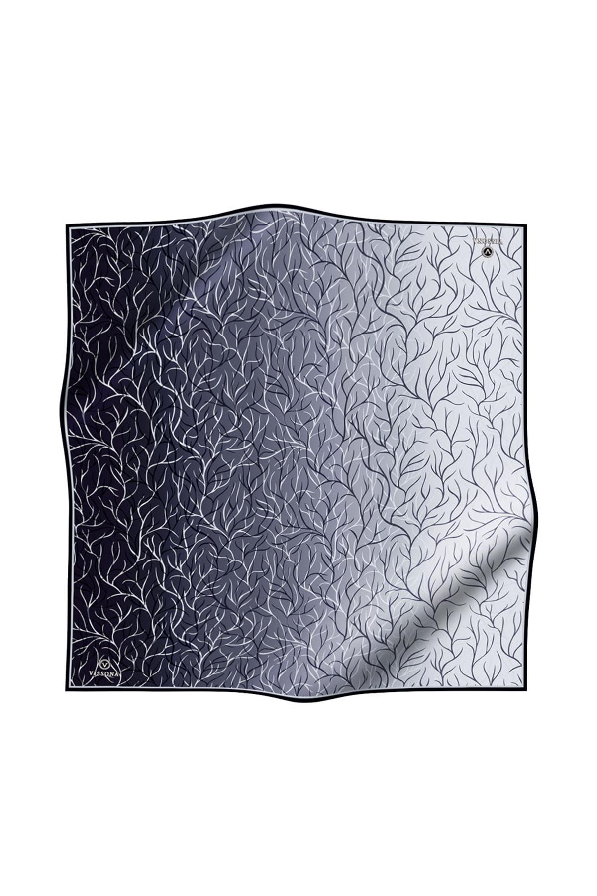 %100 Twill İpek Degrade Desenli Siyah Renkli 90x90 Eşarp Dikim Şekli : El Dikişi