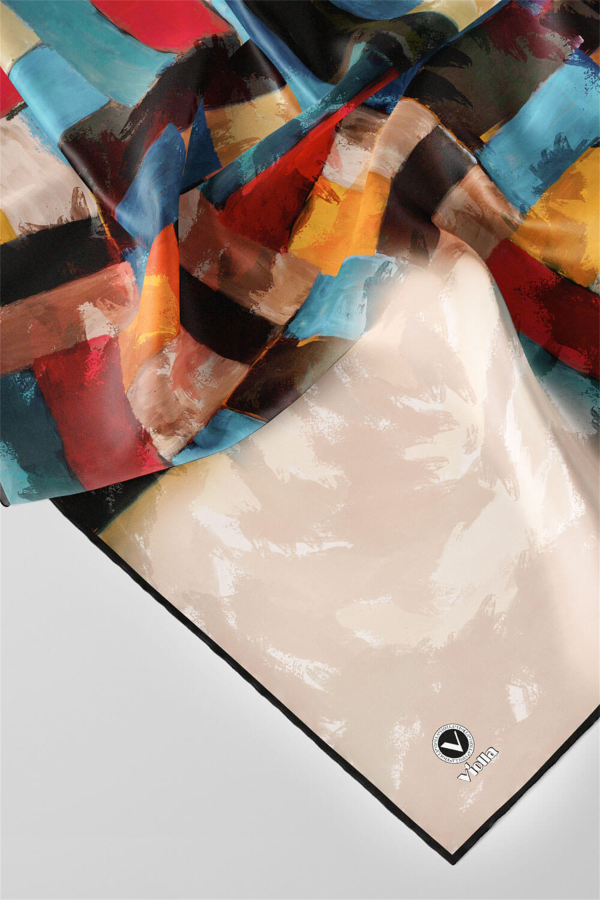Twill Yağlı Boya Desenli Petrol Mavisi Renkli 90x90 Eşarp (İpek İçermez) Kenar Dikiş Şekli El Dikişli