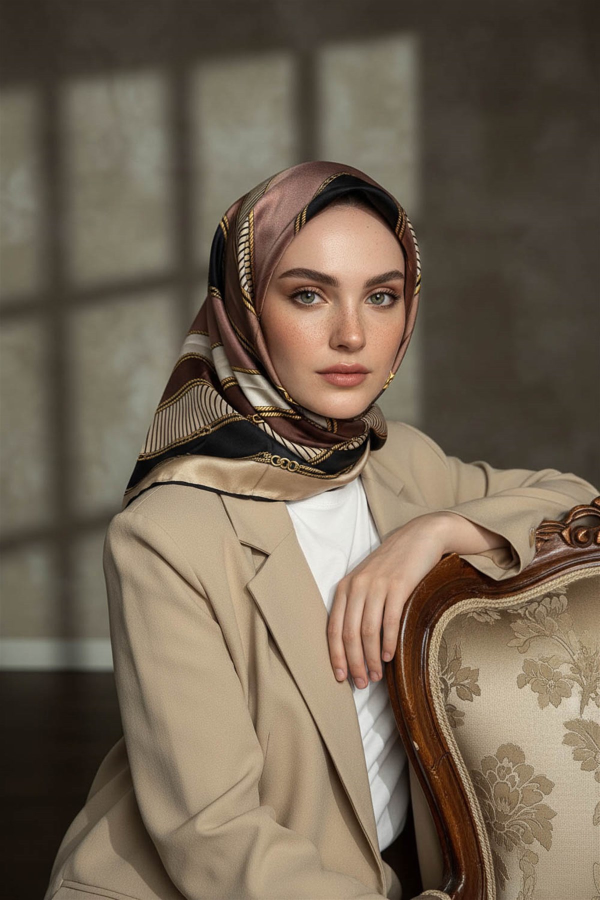 %100 Twill İpek Zincir Detaylı Geometrik Desenli Bej - Vizon Renkli 90x90 Eşarp Dikim Şekli : El Dikişi
