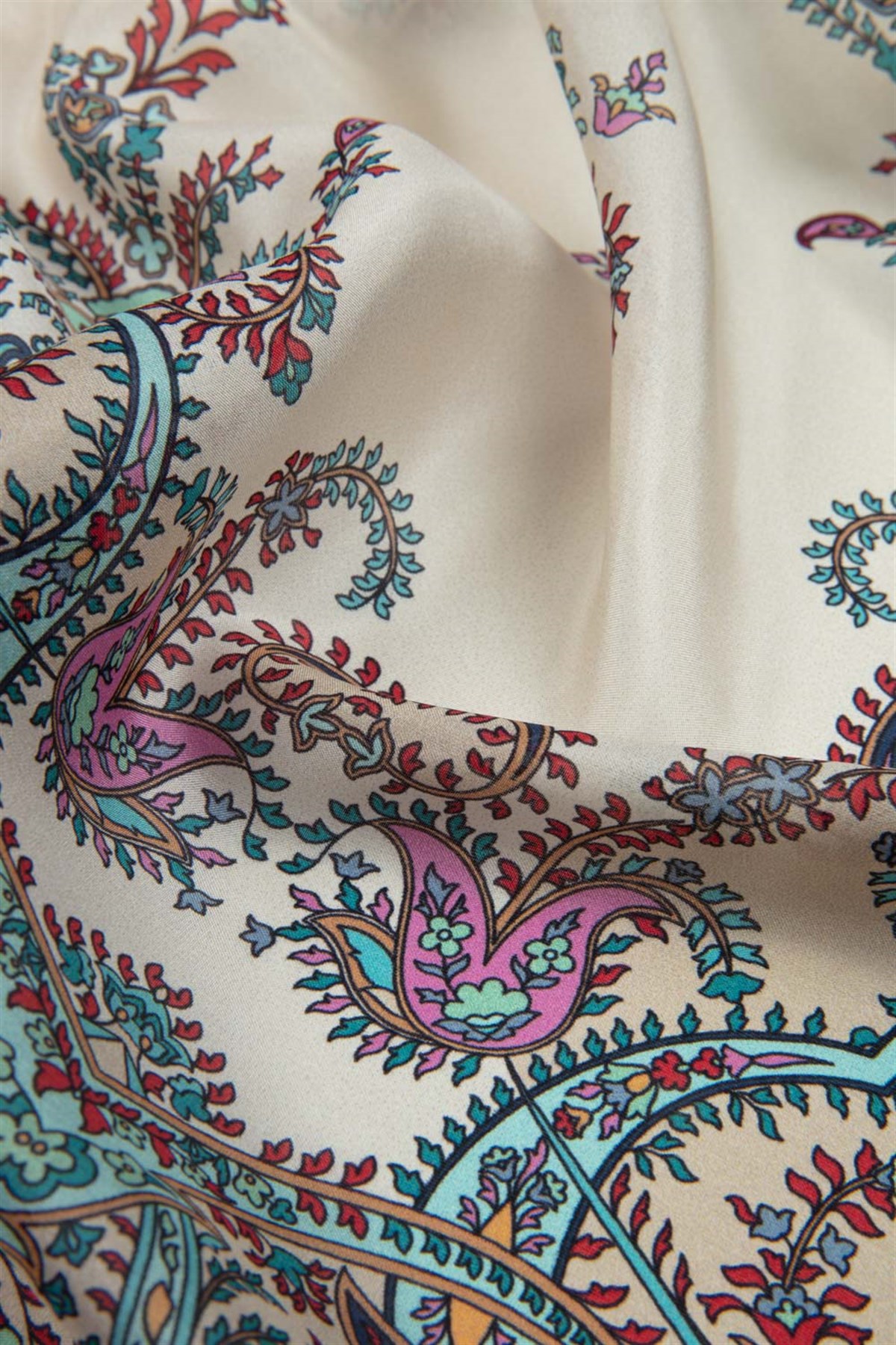 %100 İpek Etnik Desenli Krem - Mint Yeşili Renkli 92x210 Şal