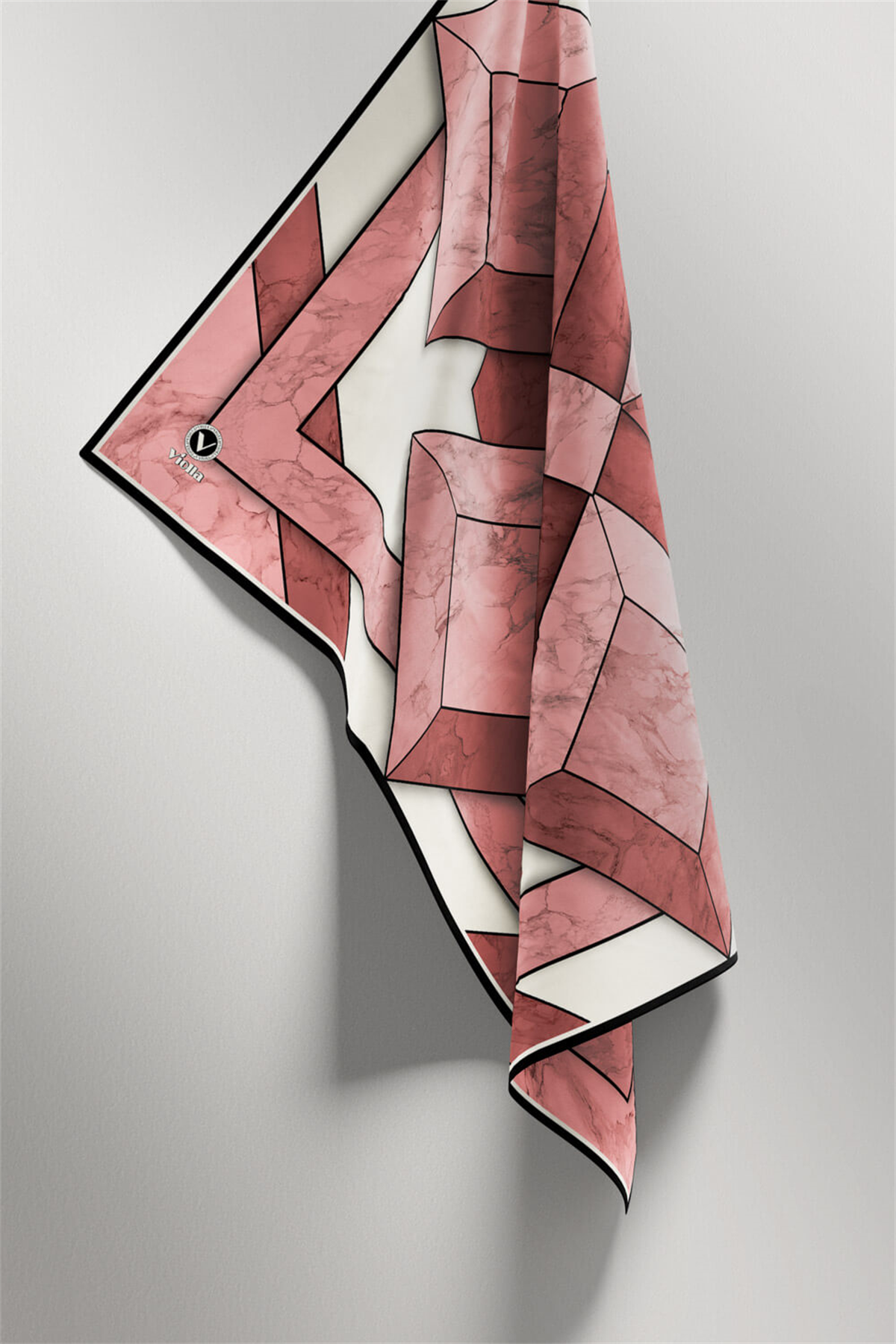 Twill Mermer Desenli Pudra - Gül Kurusu Renkli 90x90 Eşarp (İpek İçermez) Kenar Dikiş Şekli El Dikişli