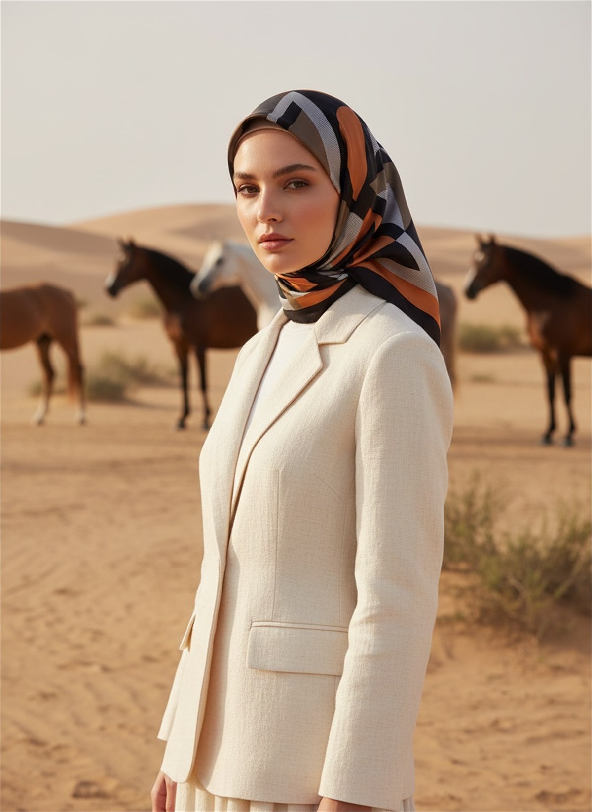 %100 Twill İpek Eşarp 90x90 Siyah Taba Geometrik Çizgi Desenli El Dikişli Kadın Eşarp