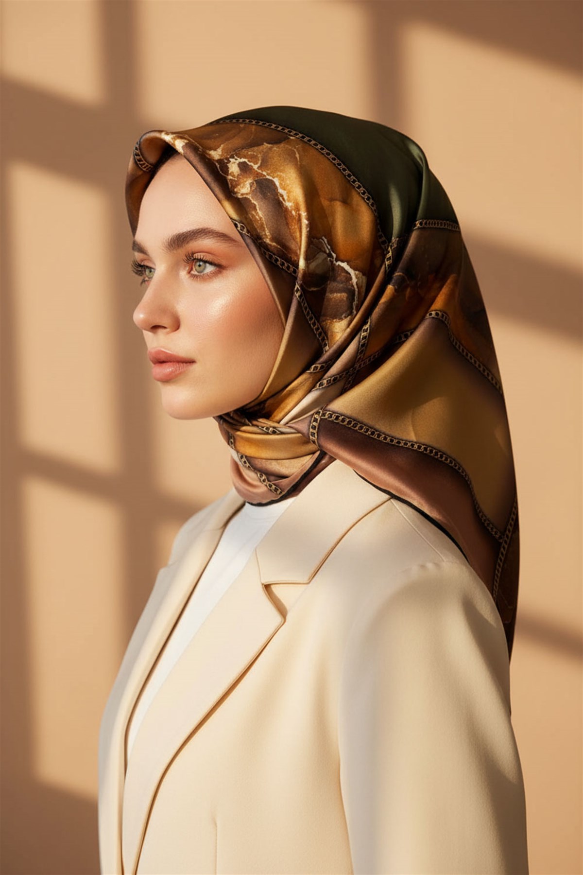 %100 Twill İpek Efektli Bant Desenli Bakır - Bej Renkli 90x90 Eşarp Dikim Şekli : El Dikişi