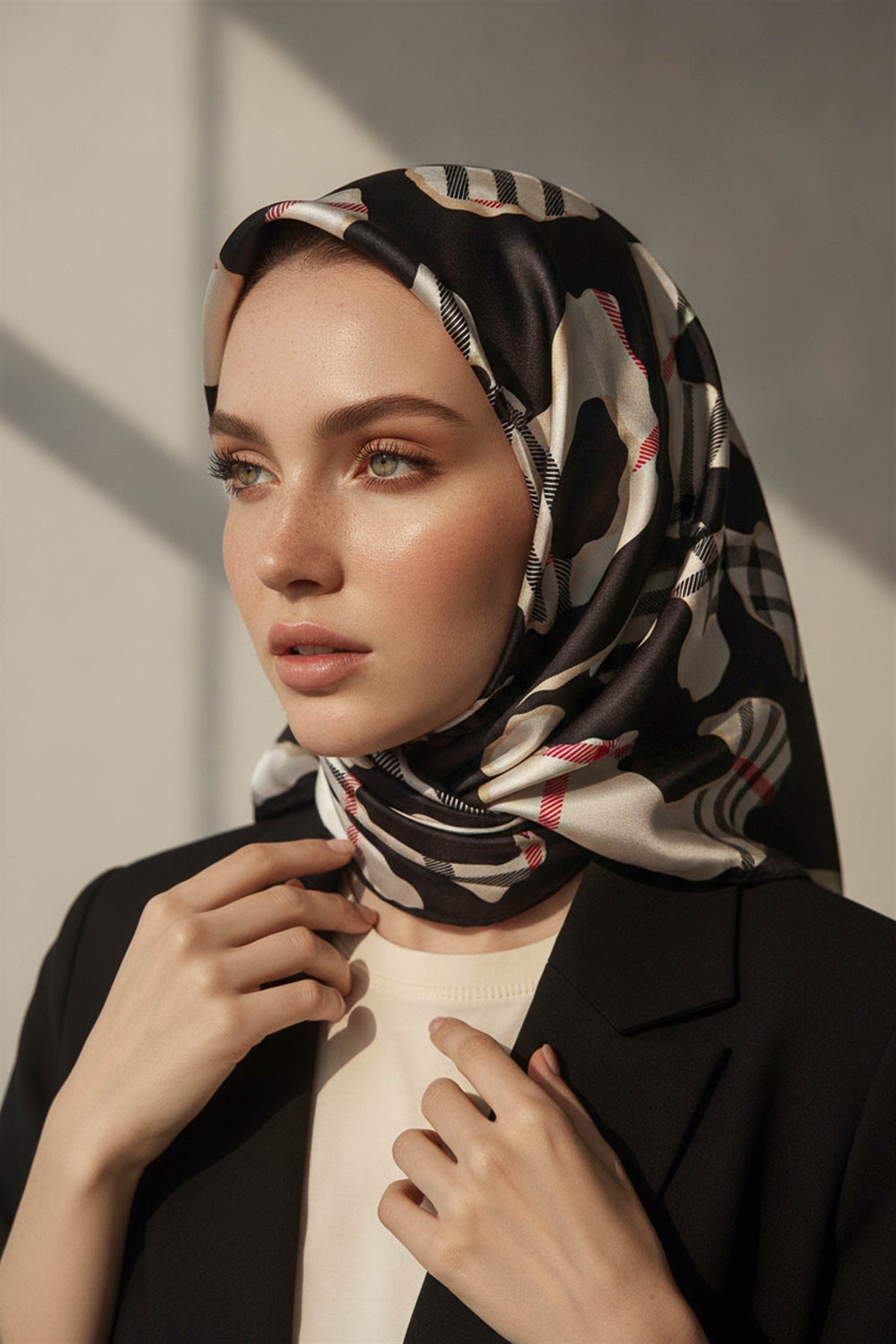 %100 Twill İpek Leopar Desenli Siyah - Krem Renkli 90x90 Eşarp Dikim Şekli : El Dikişi