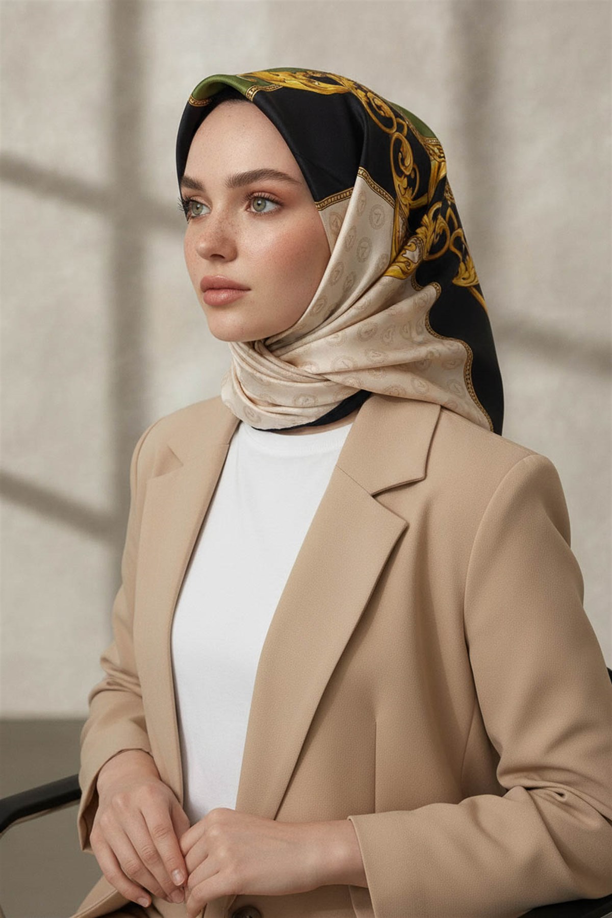 %100 Twill İpek Monogram Ve Barok Desenli Siyah - Haki Renkli 90x90 Eşarp Dikim Şekli : El Dikişi