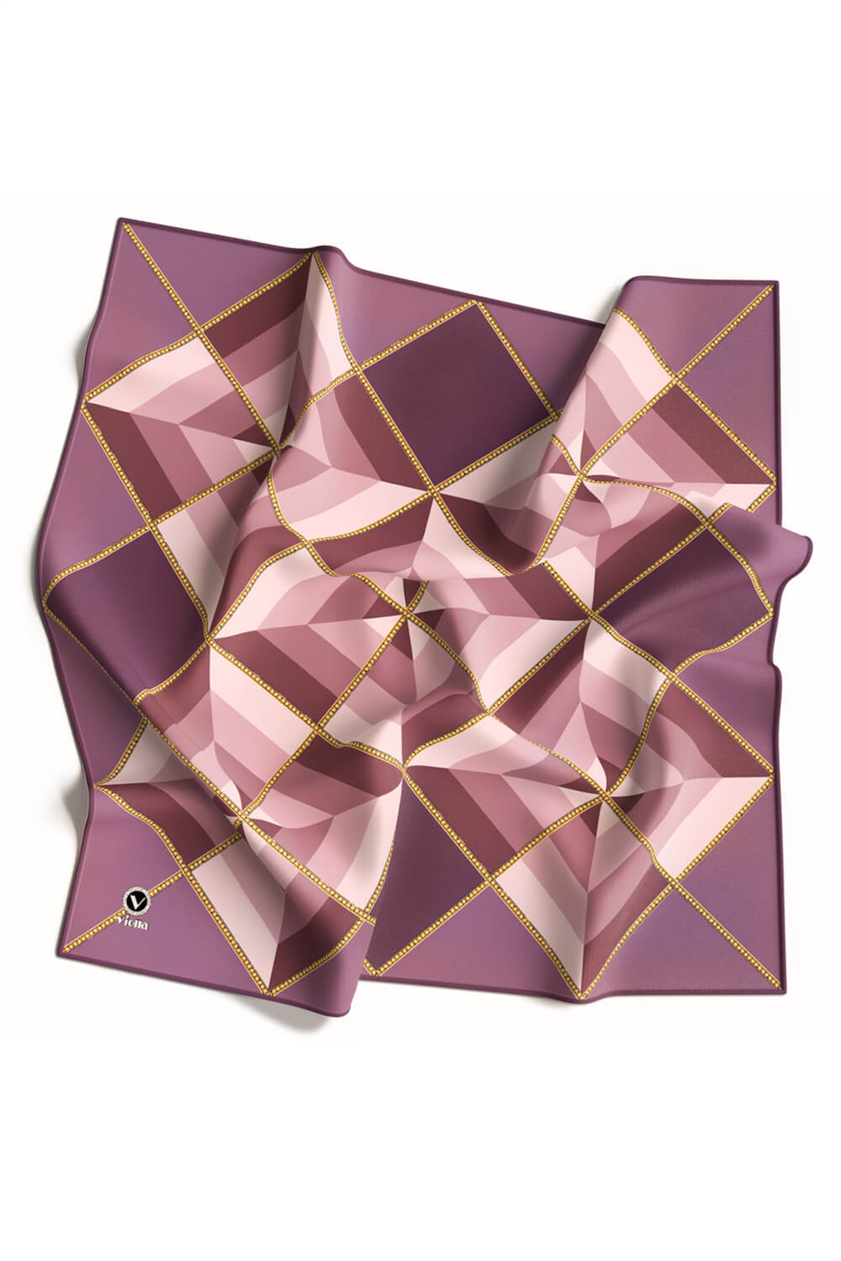 Twill Geometrik Desenli Lila Renkli 90x90 Eşarp (İpek İçermez) Kenar Dikiş Şekli El Dikişli