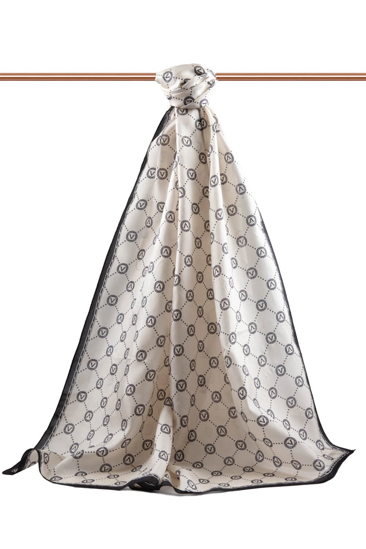 % 100 İpek V Logo Desenli Krem - Siyah Renkli 90x210 Şal