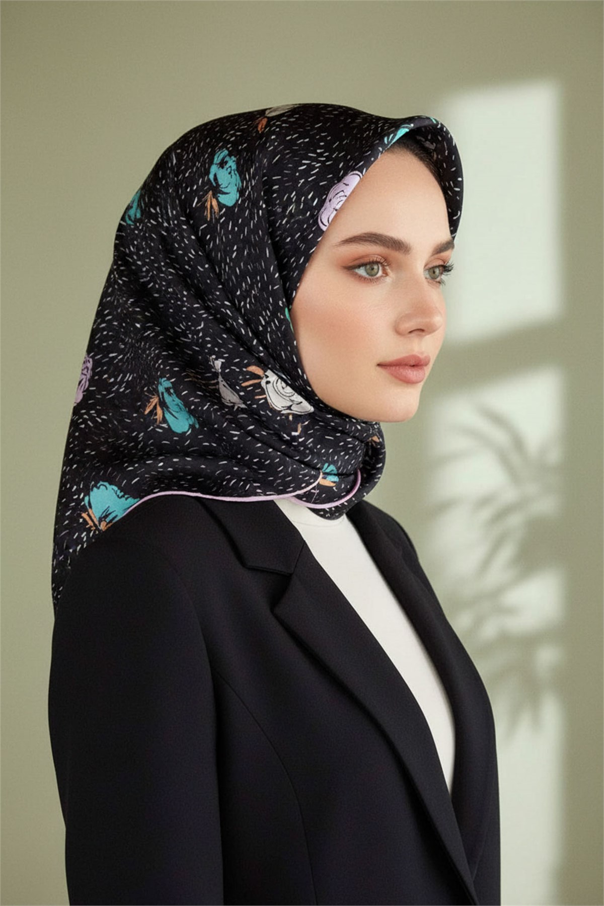 %100 Twill İpek Çıtır Çiçek Desenli Lila - Su Yeşili Renkli 90x90 Eşarp Dikim Şekli : El Dikişi
