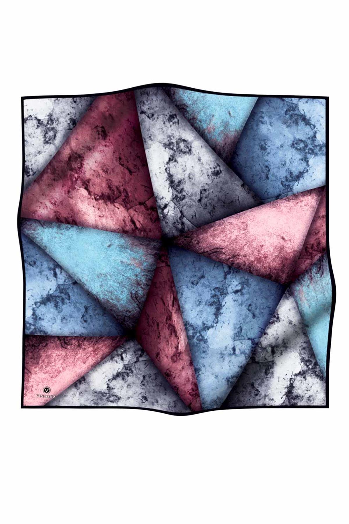 %100 Twill İpek Dokulu Ve Geometrik Desenli Gül Kurusu - İndigo Renkli 90x90 Eşarp Dikim Şekli : El Dikişi