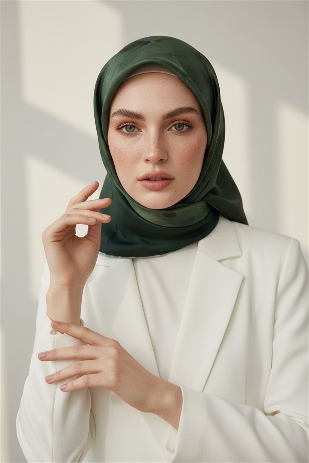 %100 Twill İpek Gül Desenli Haki - Zümrüt Yeşili Renkli 90x90 Eşarp Dikim Şekli : El Dikişi