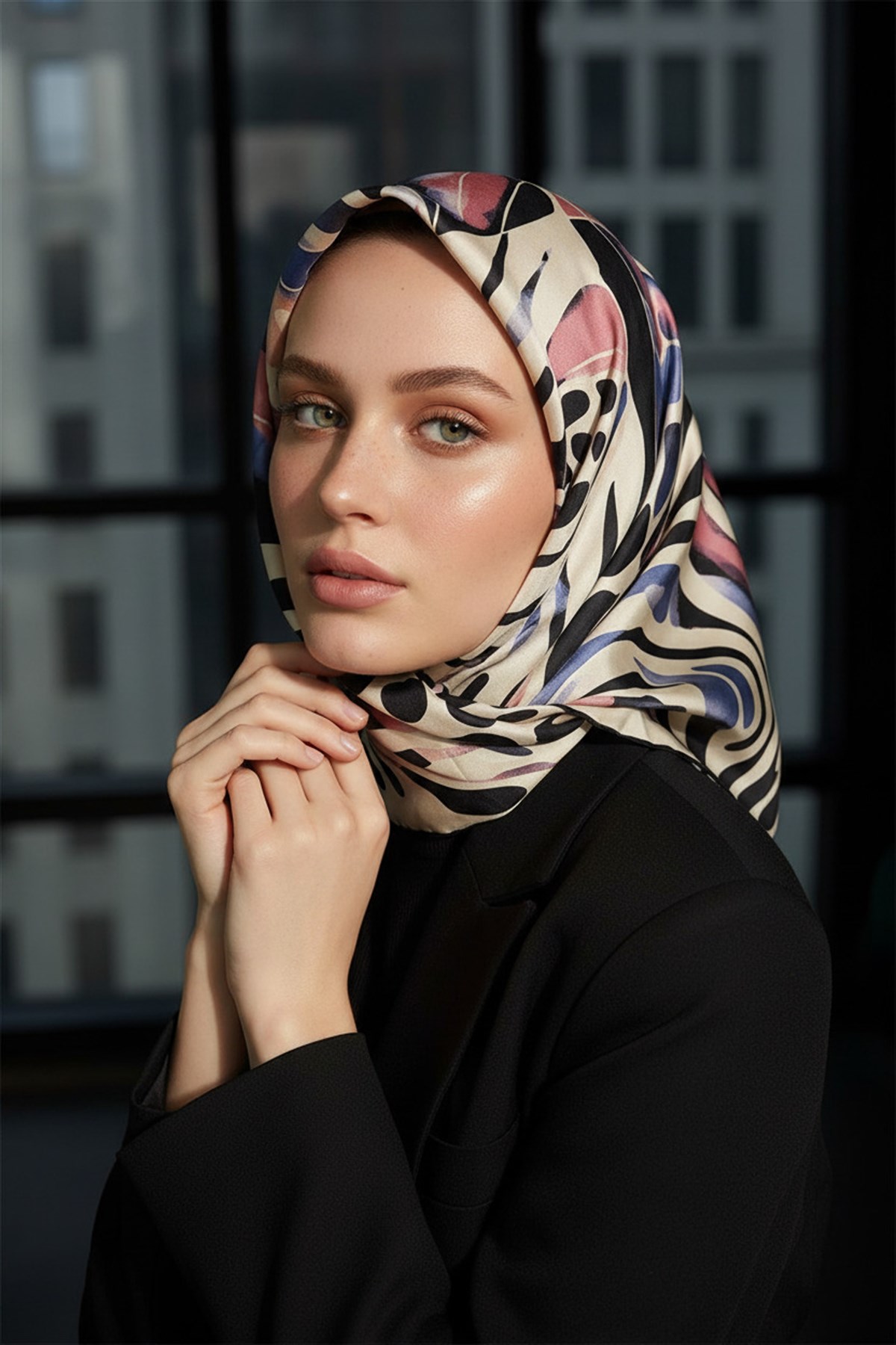 %100 Twill İpek Amazon Desenli Pudra - Gri Renkli 90x90 Eşarp Kenar Dikiş Şekli El Dikişli