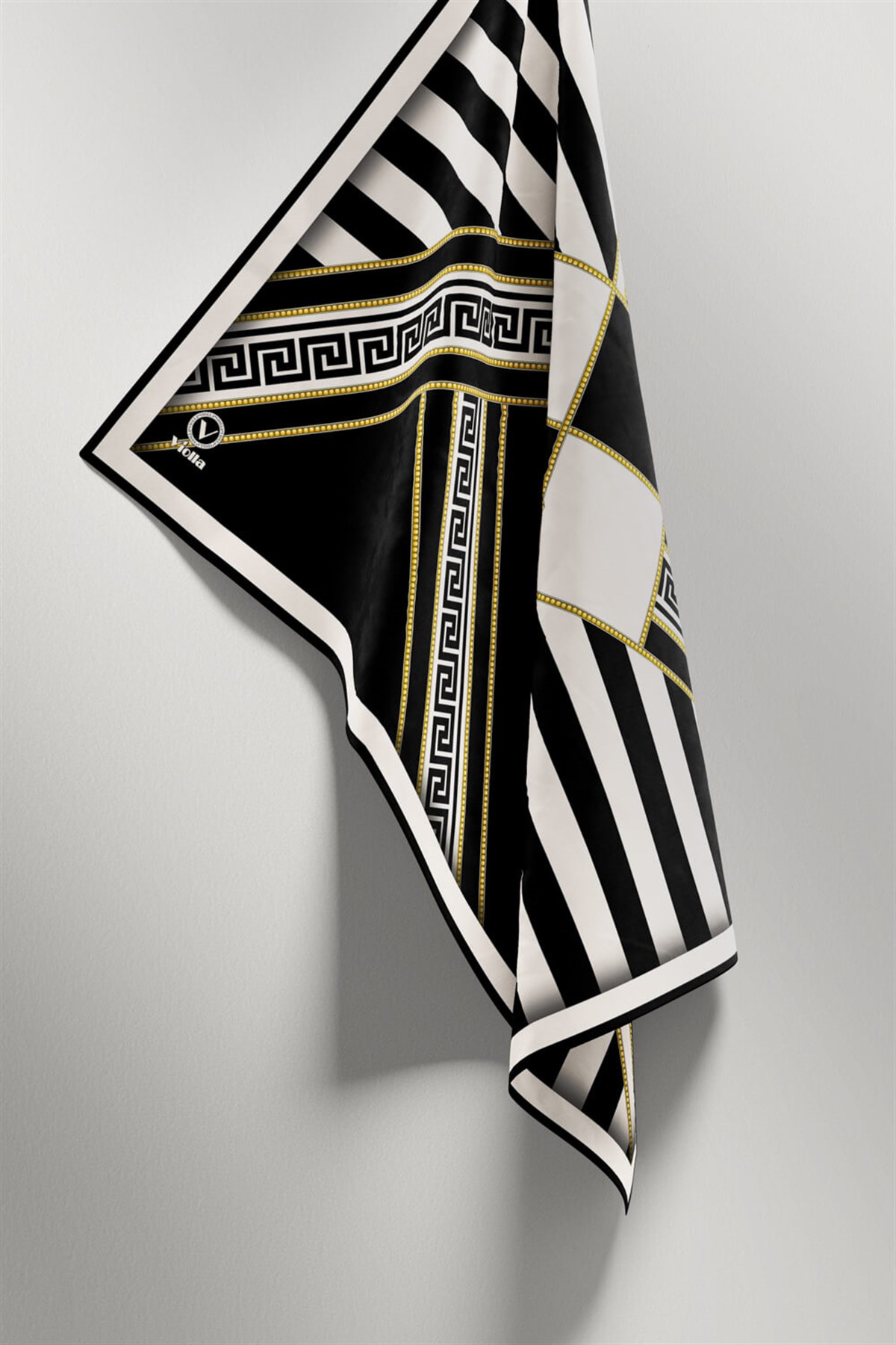 Twill Çizgili Geometrik Desenli Siyah Renkli 90x90 Eşarp (İpek İçermez) Kenar Dikiş Şekli El Dikişli