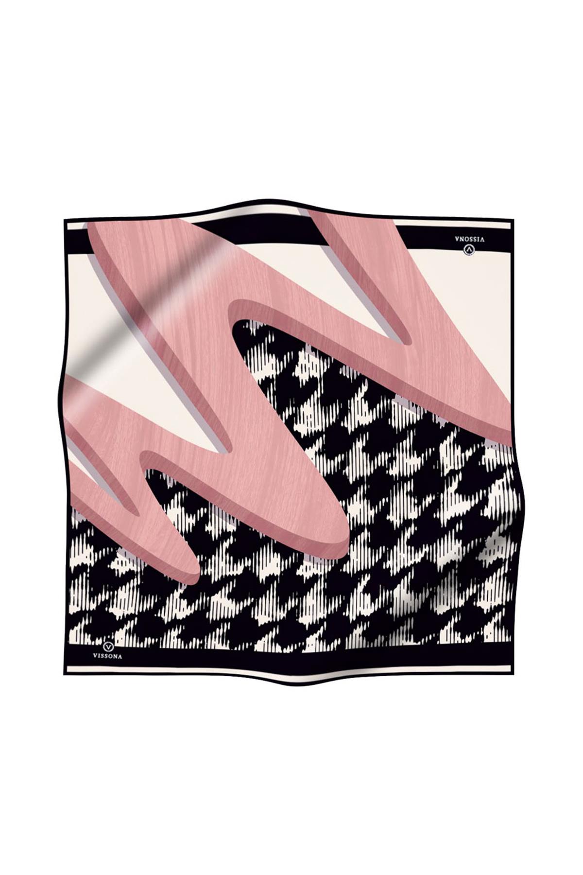 %100 Twill İpek Kazayağı Desenli Pudra - Siyah Renkli 90x90 Eşarp Kenar Dikiş Şekli El Dikişli