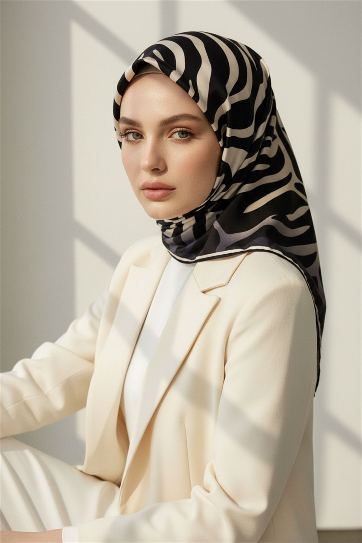 %100 Twill İpek Zebra Desenli Krem - Siyah Renkli 90x90 Eşarp Dikim Şekli : El Dikişi