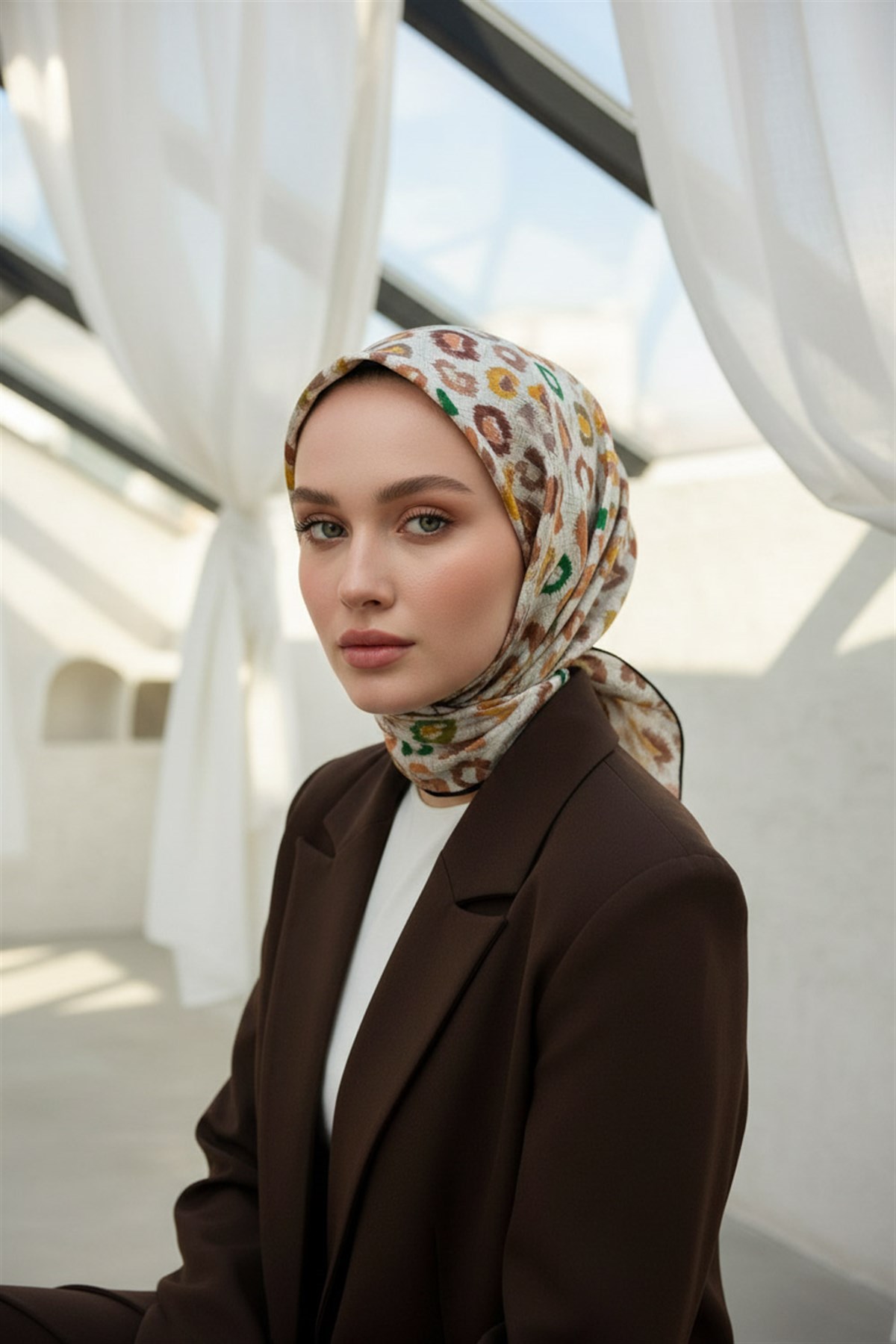 %100 Twill İpek Renkli Leopari Desenli Turuncu - Zümrüt Yeşili Renkli 90x90 Eşarp Kenar Dikiş Şekli El Dikişli