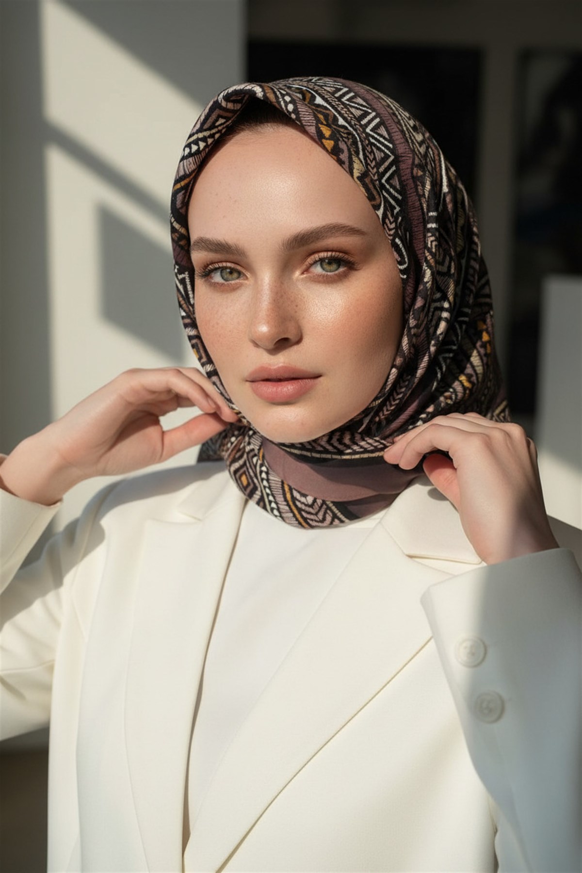 %100 Twill İpek Etnik Desenli Gül Kurusu - Bej Renkli 90x90 Eşarp Dikim Şekli : El Dikişi
