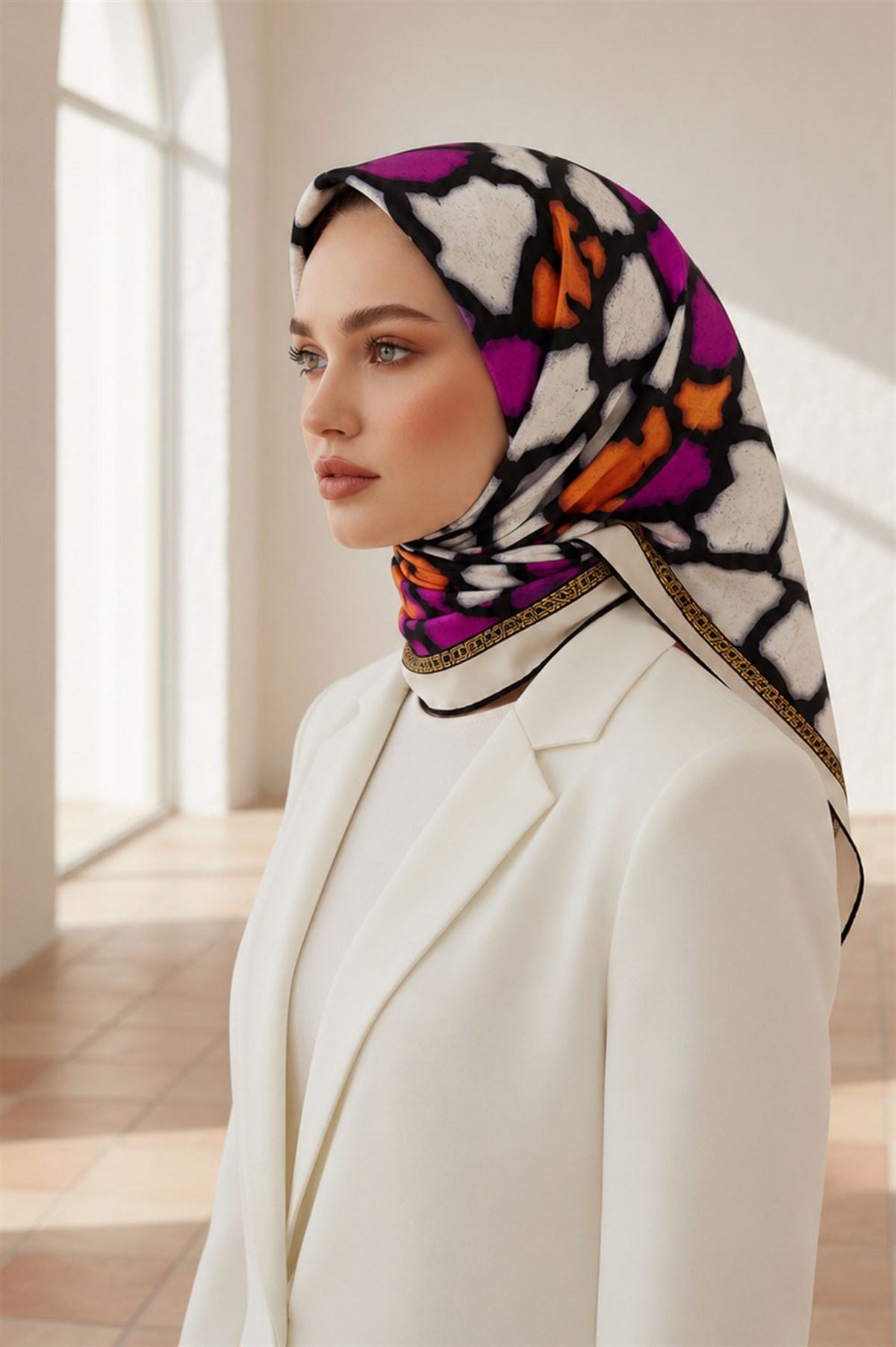 %100 Twill İpek Zürafa Desenli Fuşya - Turuncu Renkli 90x90 Eşarp Dikim Şekli : El Dikişi