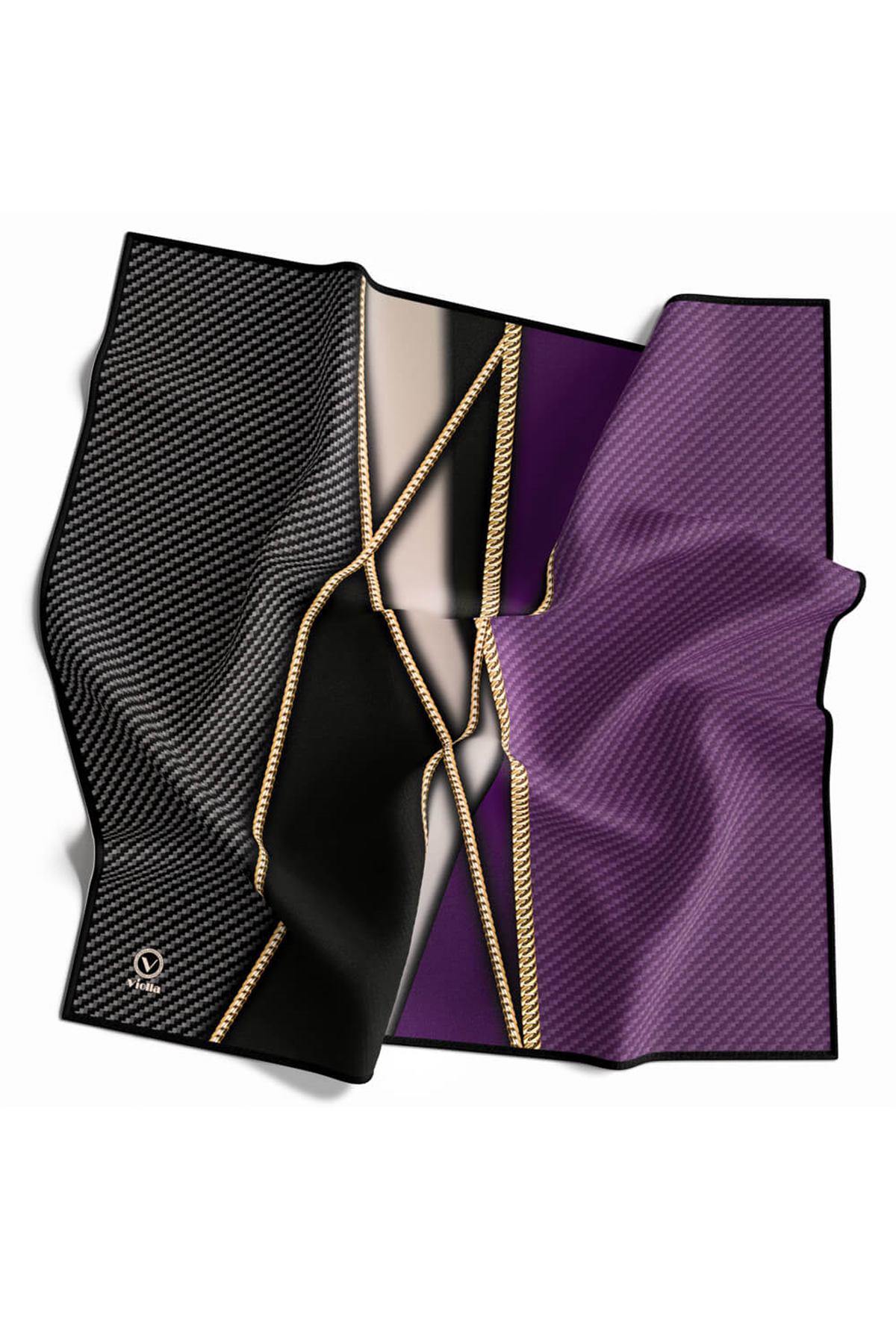 Rayon Gold Detaylı Geometrik Desenli Mor Renkli 90x90 Eşarp (İpek İçermez) Kenar Dikiş Şekli El Dikişli