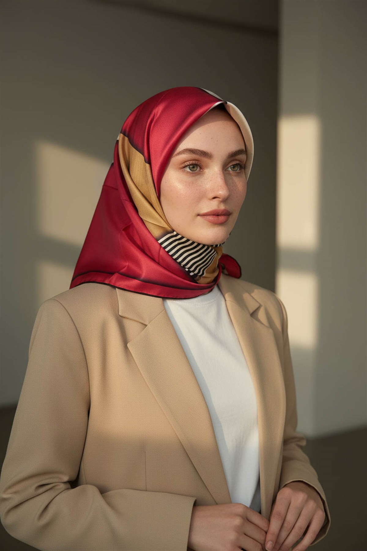 %100 Twill İpek Çizgili ve Geometrik Desenli Bordo - Vizon Renkli 90x90 Eşarp Dikim Şekli : El Dikişi