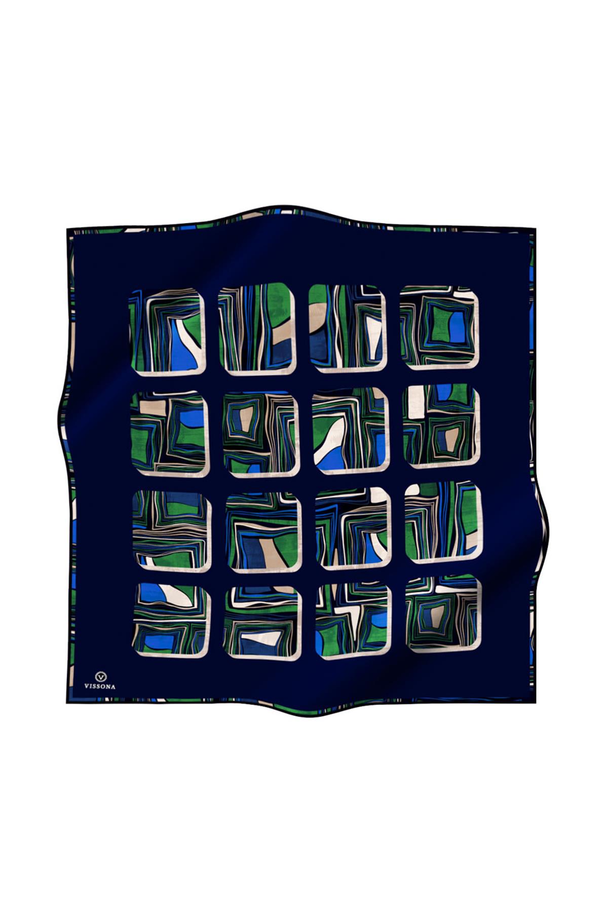 %100 Twill İpek Geometrik Kare Desenli Lacivert - Zümrüt Yeşili Renkli 90x90 Eşarp Dikim Şekli : El Dikişi