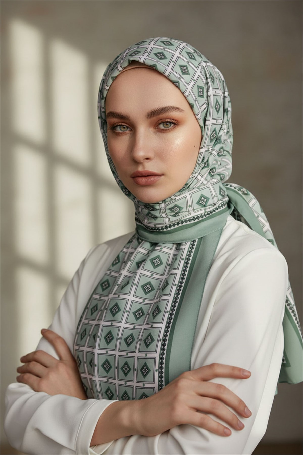 KREP KARE DESENLİ KOYU MİNT RENKLİ 75X195 KIRIŞMAZ ŞAL