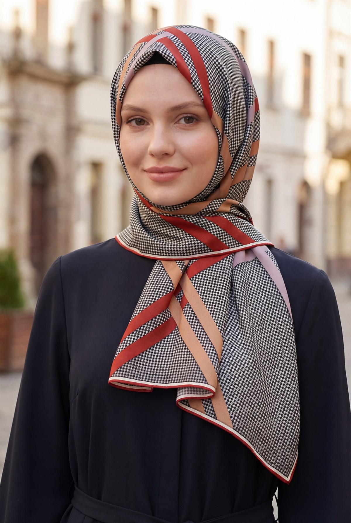 Twill Çizgili Pötikareli Çizgili Desenli Taba - Bej Renkli 90x90 Eşarp (İpek İçermez)