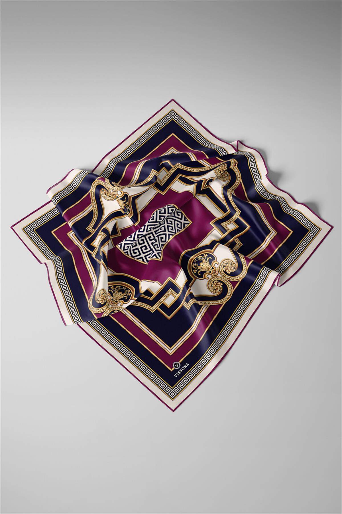 %100 Twill İpek Barok Desenli Mürdüm - Lacivert Renkli 90x90 Eşarp Dikim Şekli : El Dikişi