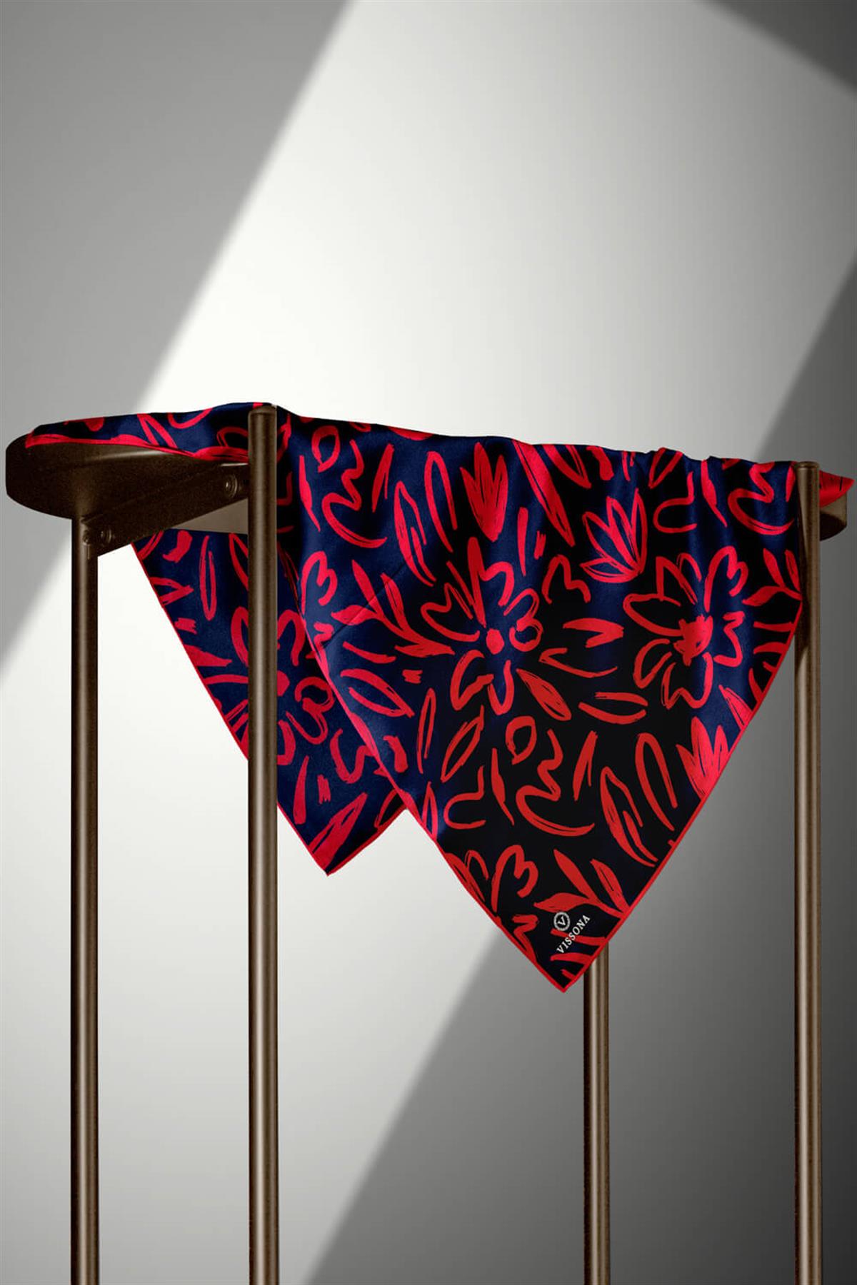 %100 Twill İpek Büyük Çiçek Desenli Lacivert - Kırmızı Renkli 90x90 Eşarp Dikim Şekli : El Dikişi