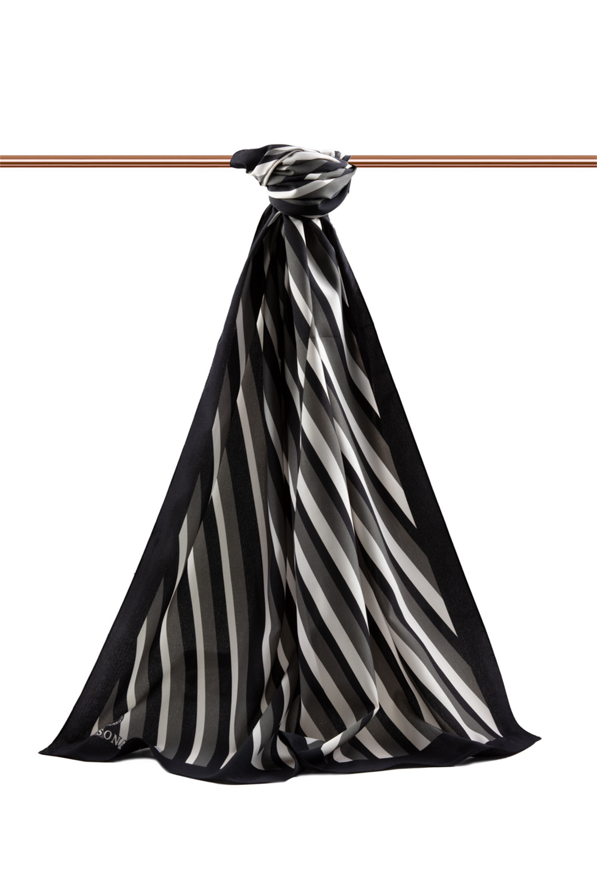 LÜKS MEDİNE İPEĞİ ÇİZGİ DESENLİ SİYAH RENKLİ 75X195 KIRIŞMAZ ŞAL MOSS KREP DİKİŞ TİPİ İTALYAN DİKİŞLİ
