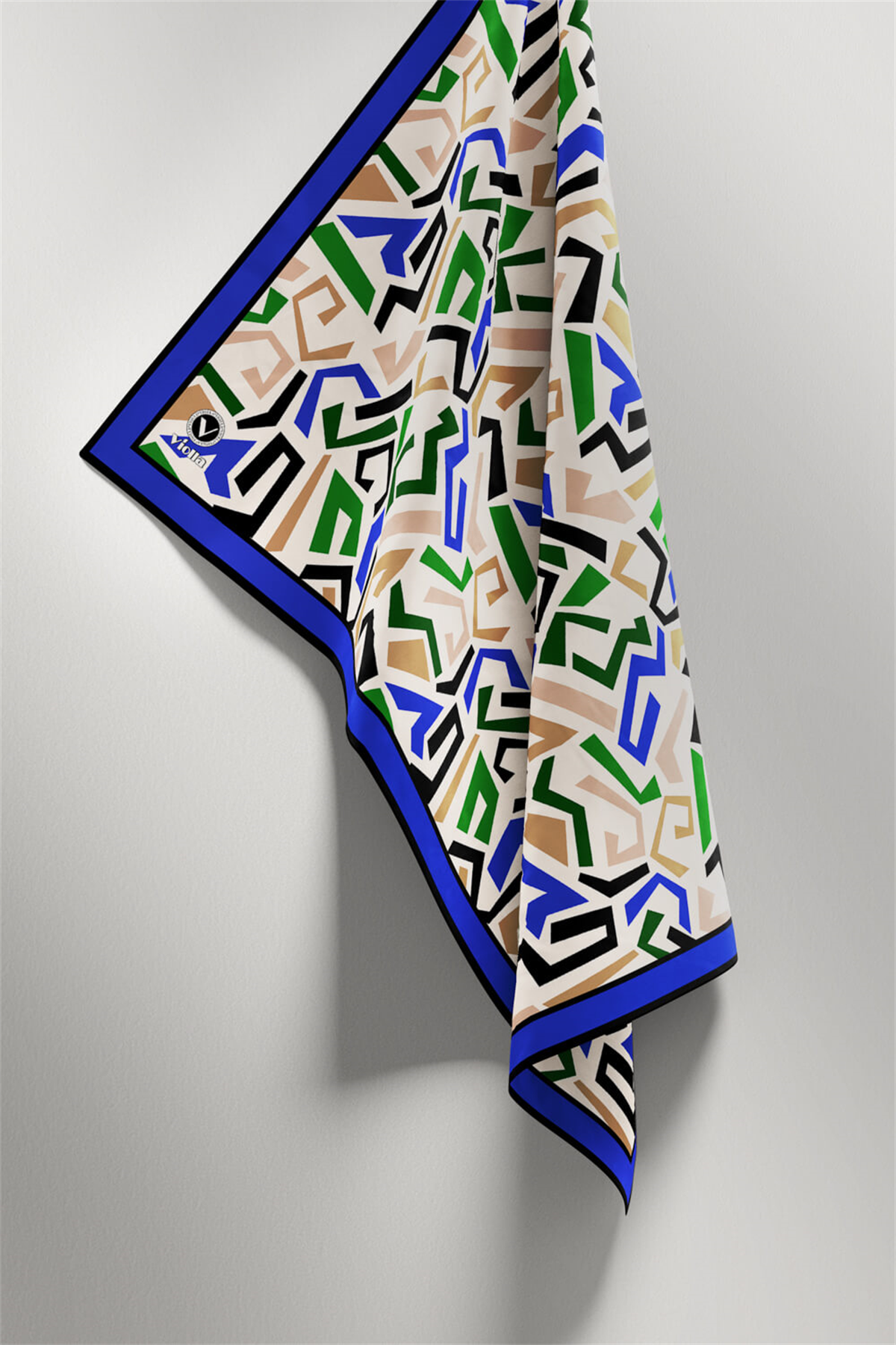 Twill Geometrik Desenli Saks Renkli 90x90 Eşarp (İpek İçermez) Kenar Dikiş Şekli El Dikişli
