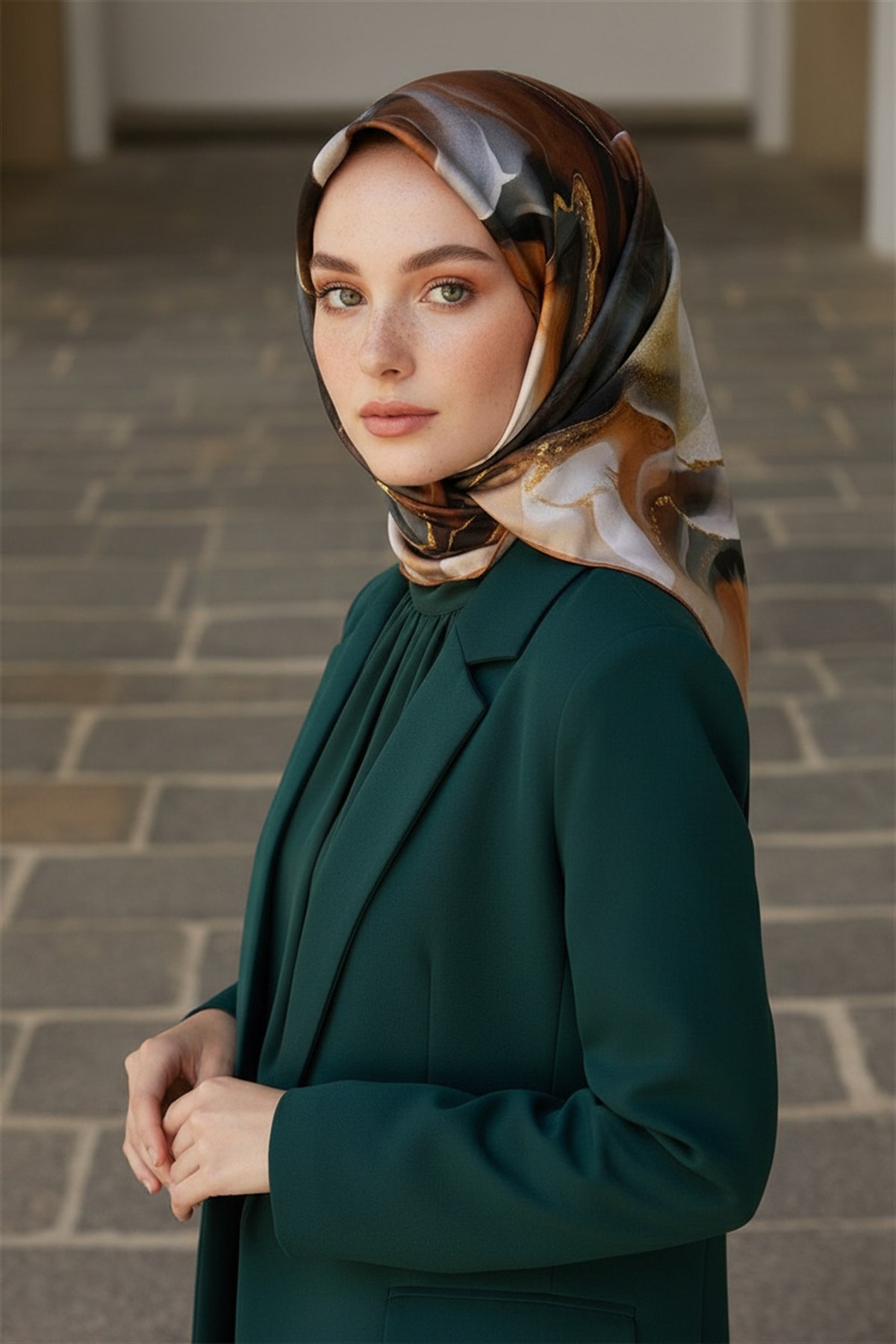 %100 Twill İpek Batik Desenli Taba - Zümrüt Yeşili Renkli 90x90 Eşarp Dikim Şekli : El Dikişi
