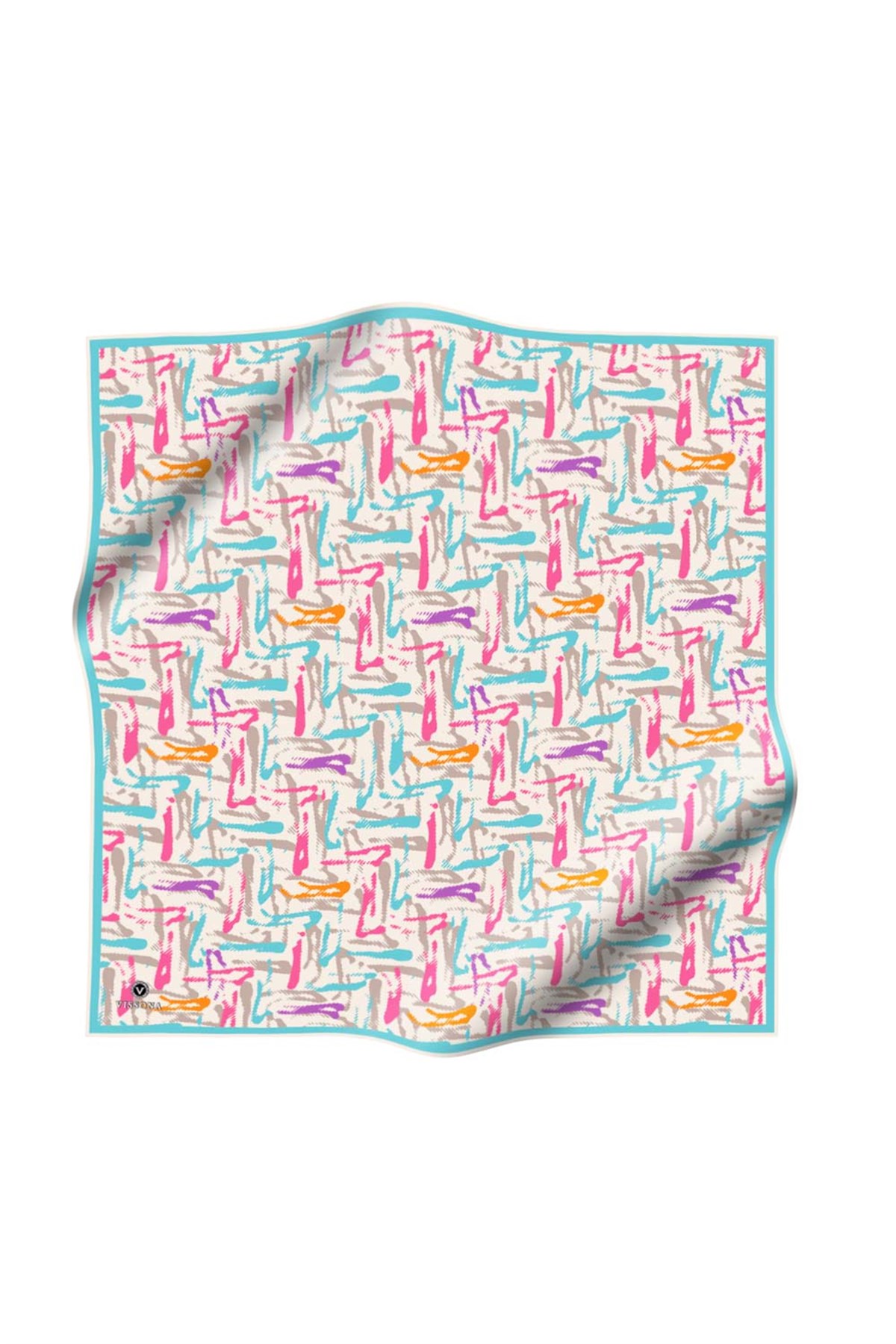 %100 Twill İpek Geometrik Desenli Turkuaz - Pembe Renkli 90x90 Eşarp Dikim Şekli : El Dikişi