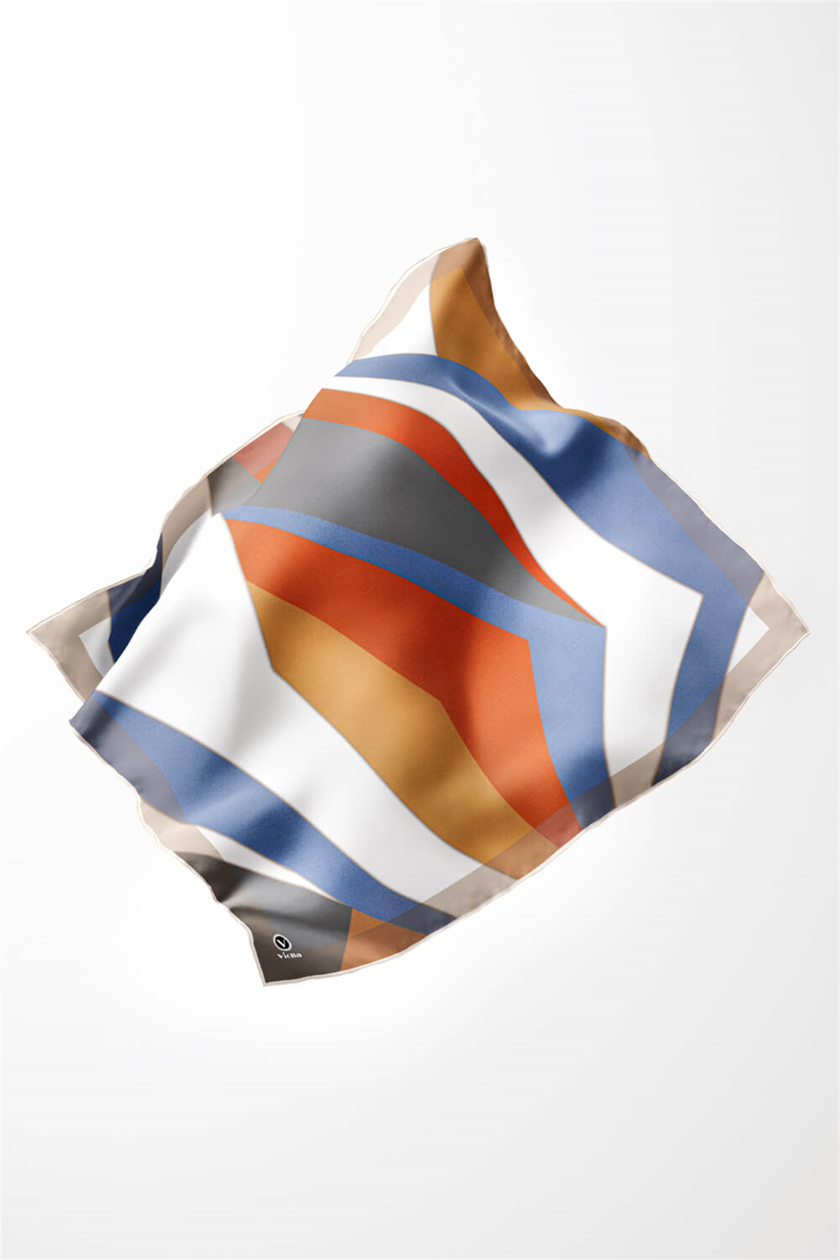 Twill Geometrik Desenli Taba - İndigo Renkli 90x90 Eşarp (İpek İçermez) Dikim Şekli : El Dikişi