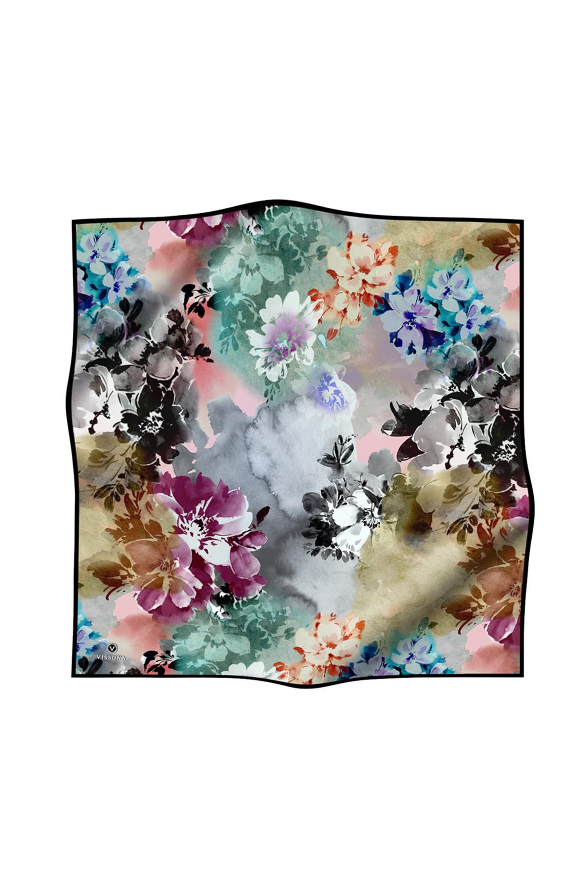 %100 Twill İpek Çiçek  Desenli Siyah - Mürdüm Renkli 90x90 Eşarp Dikim Şekli : El Dikişi