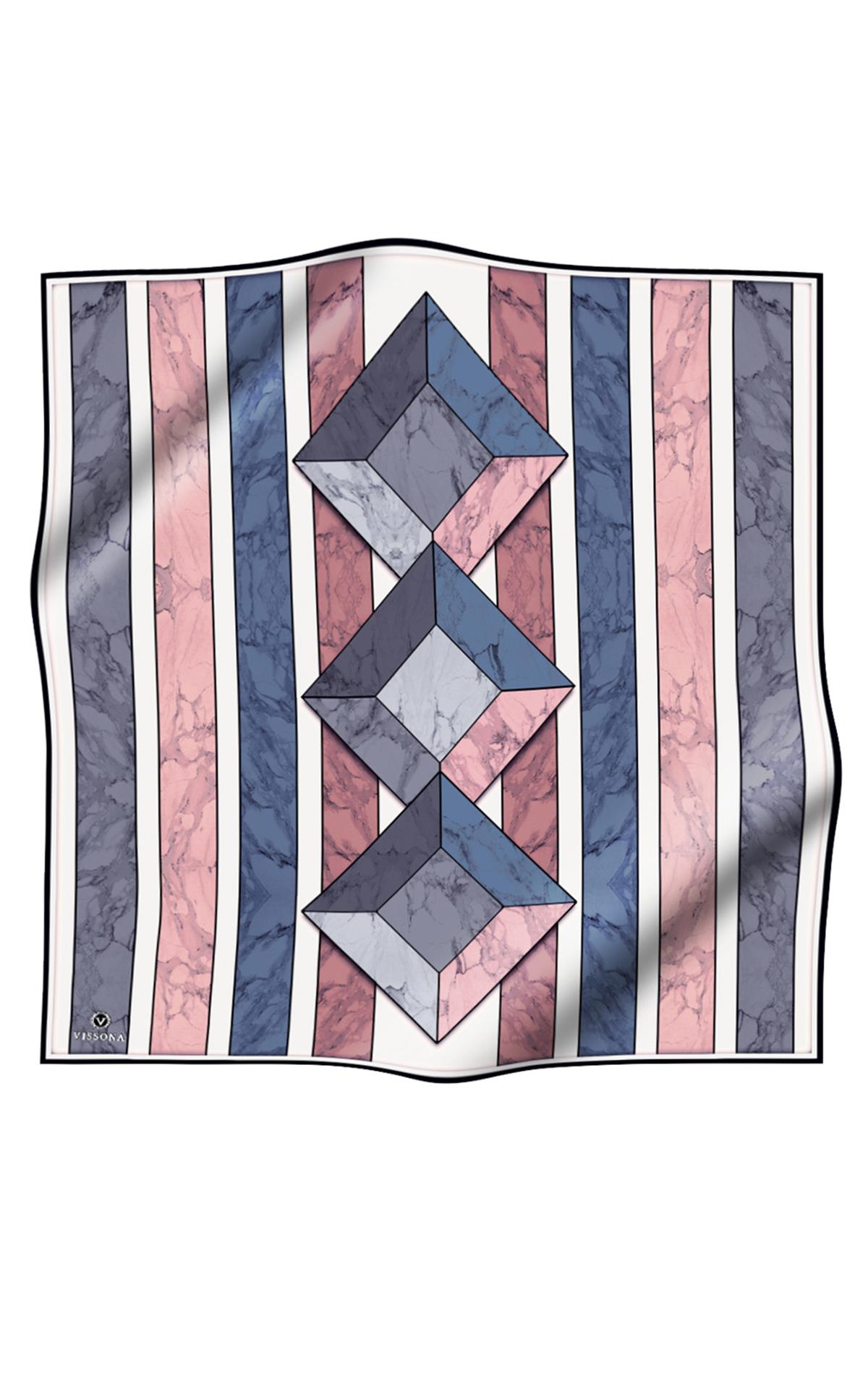 %100 Twill İpek Geometrik Mermer Desenli Pudra - Bebe Mavisi Renkli 90x90 Eşarp Dikim Şekli : El Dikişi