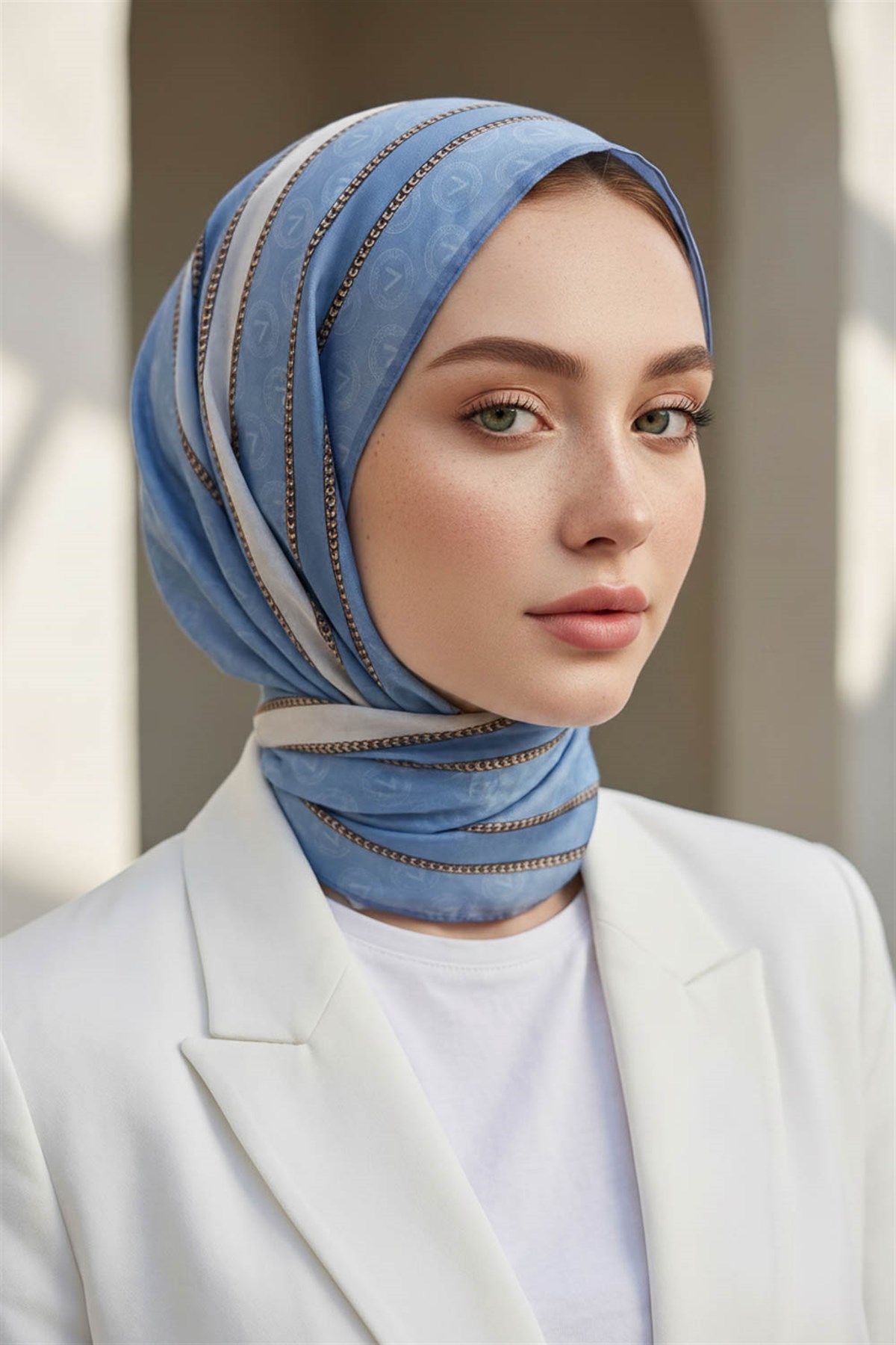 %100 Saf İpek Şal İnce Saten Vual Dokuma Monogram Desenli Bebe Mavisi - Lacivert Renkli 90x210 Şal