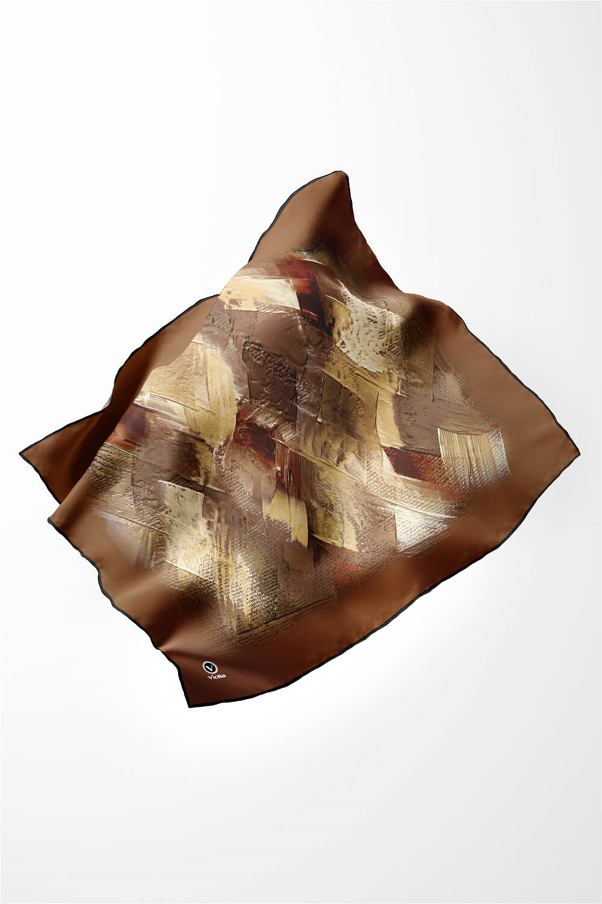 Twill Fırça Efektli Desenli Taba Renkli 90x90 Eşarp (İpek İçermez) Kenar Dikiş Şekli El Dikişli