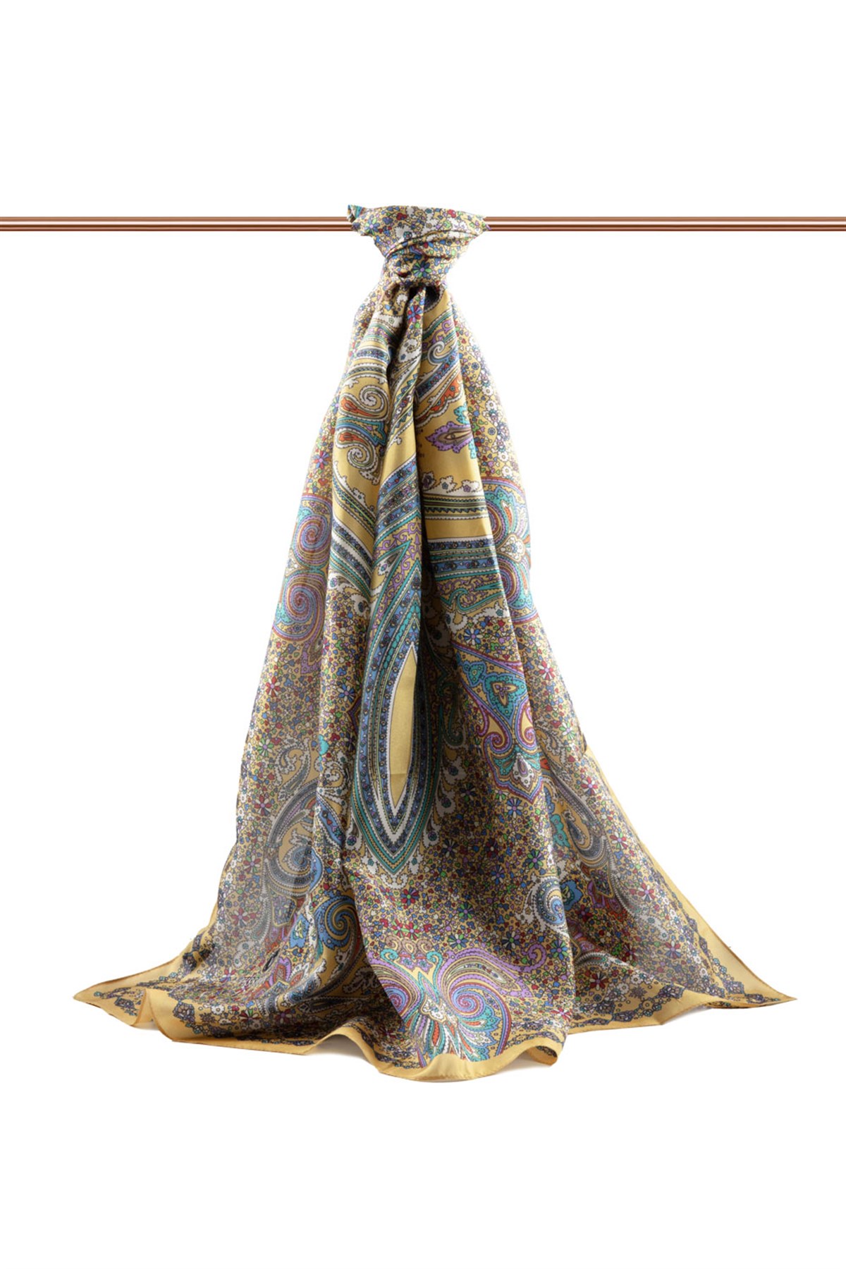 100% İpek Etro Desenli Gold - Mor Renkli 92x210 Şal