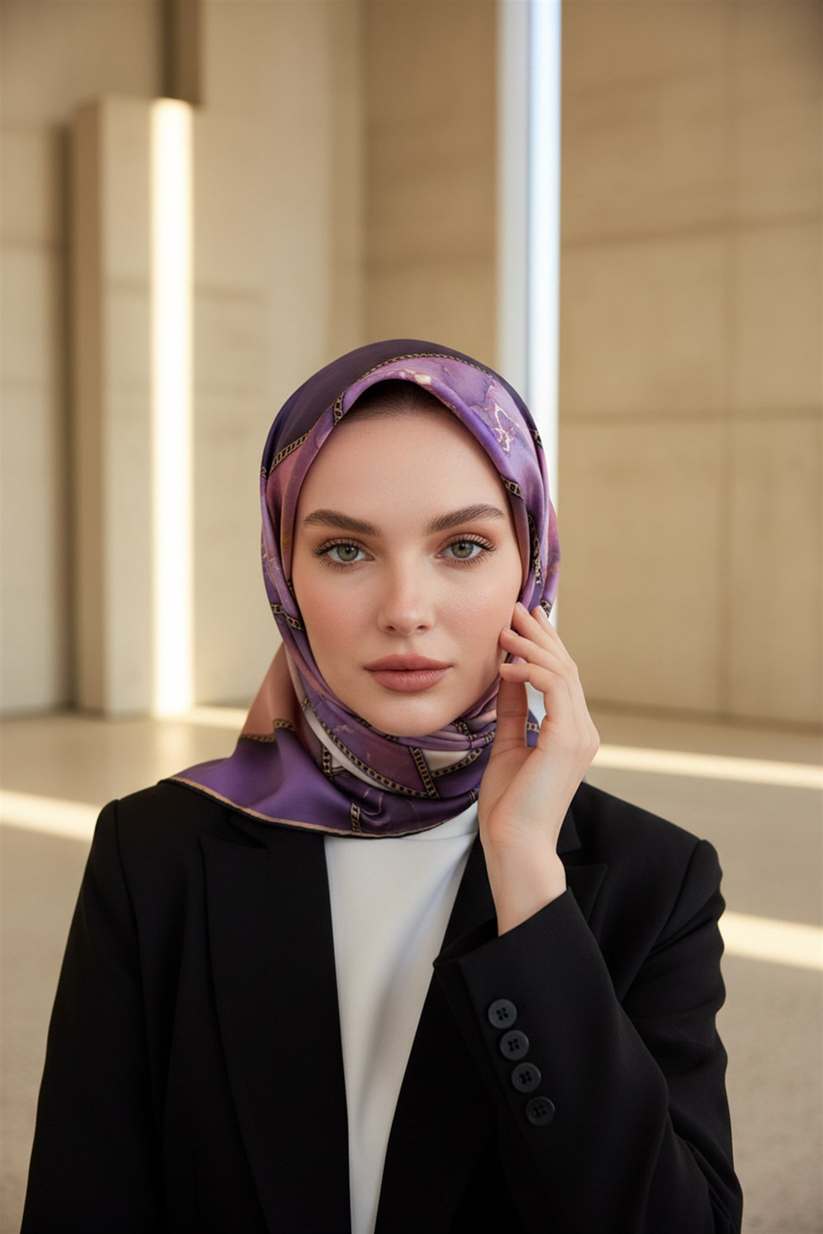 % 57 İPEK % 43 VİSKON Twill İpek Efektli Bant Desenli Mor - Pudra Renkli 90x90 Eşarp Dikim Şekli : El Dikişi