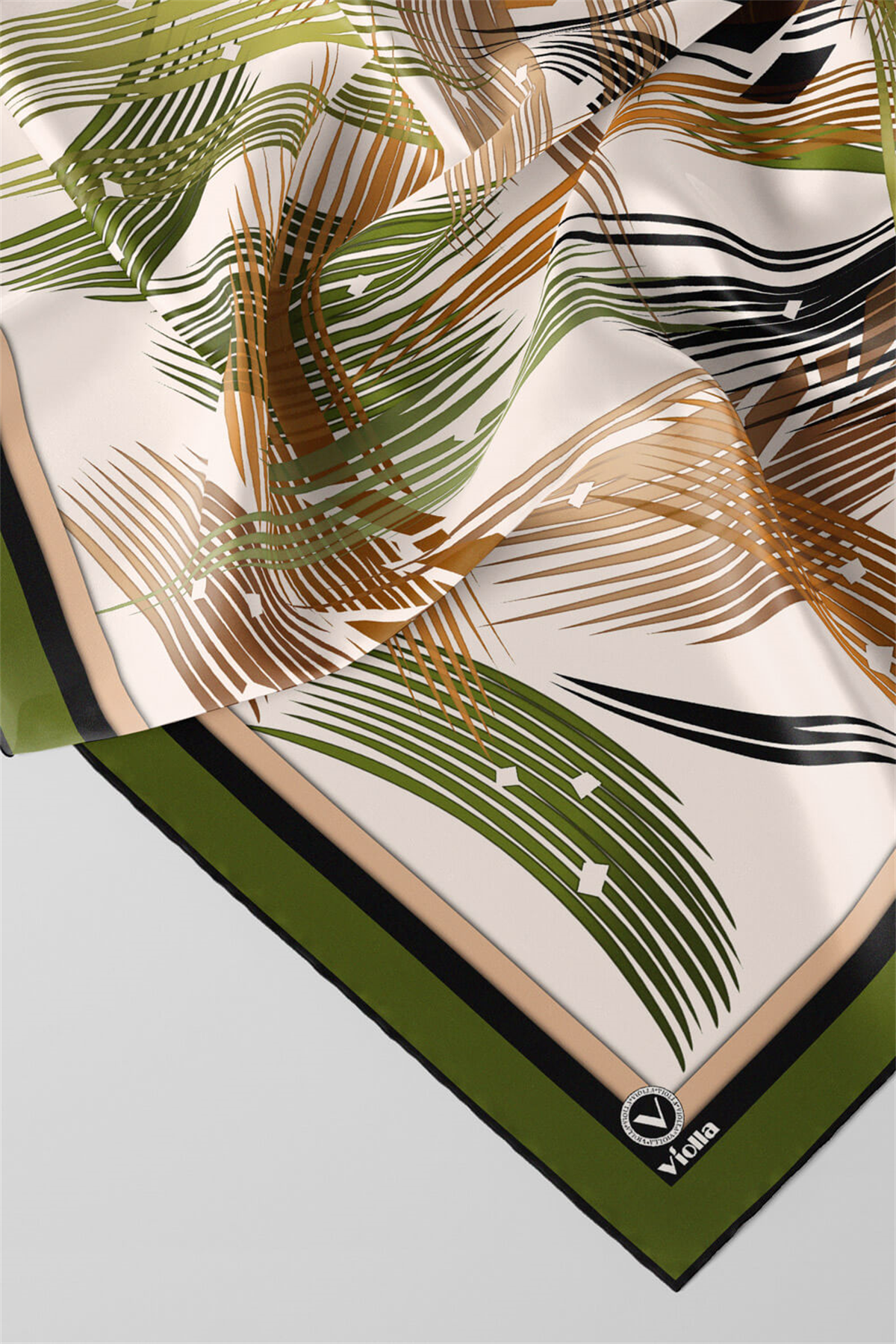 Twill Geometrik Desenli Haki - Hardal Renkli 90x90 Eşarp (İpek İçermez) Kenar Dikiş Şekli El Dikişli
