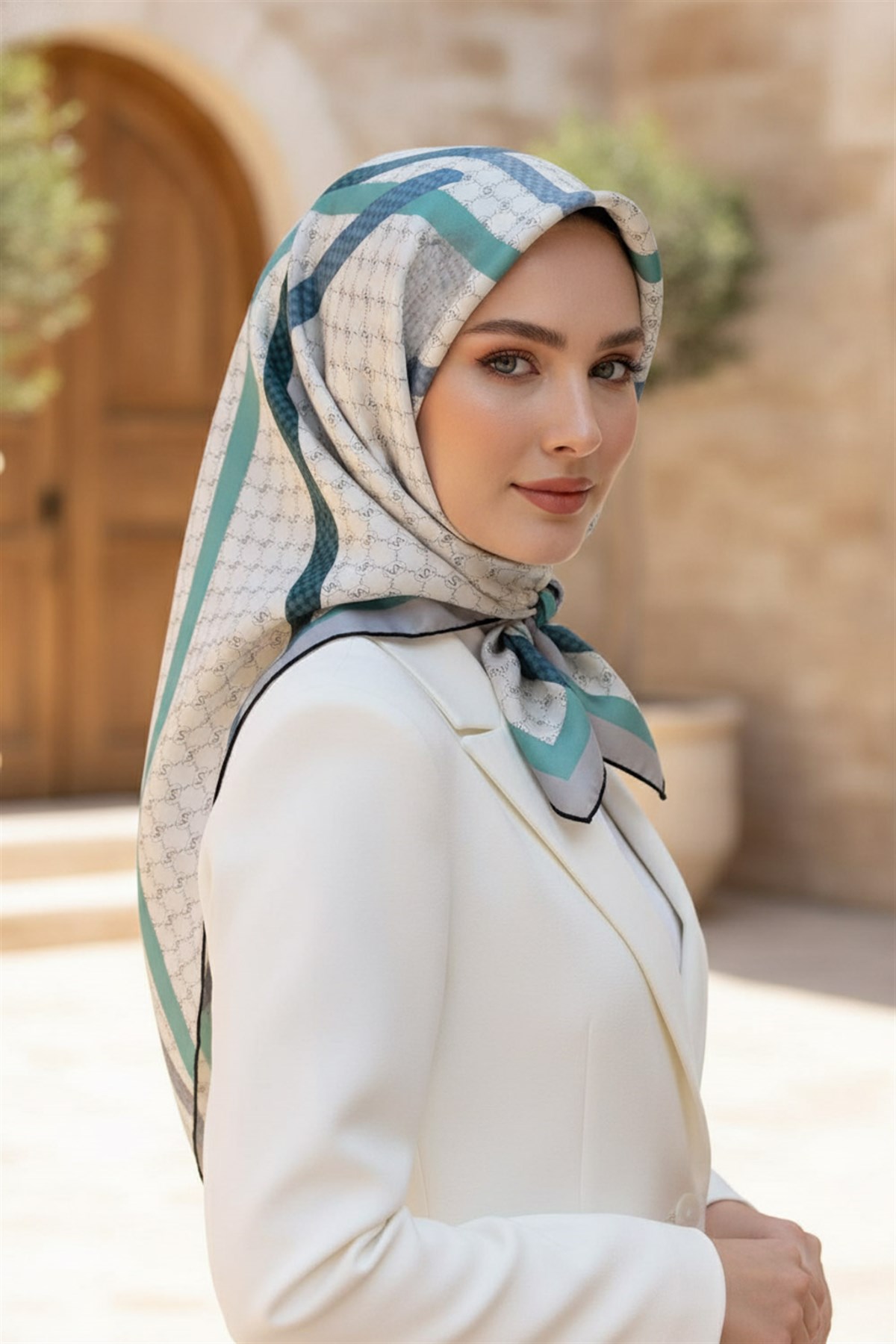 %100 Twill İpek Monogram Ve Şerit Desenli Gri - Koyu Mint Yeşili Renkli 90x90 Eşarp Dikim Şekli : El Dikişi