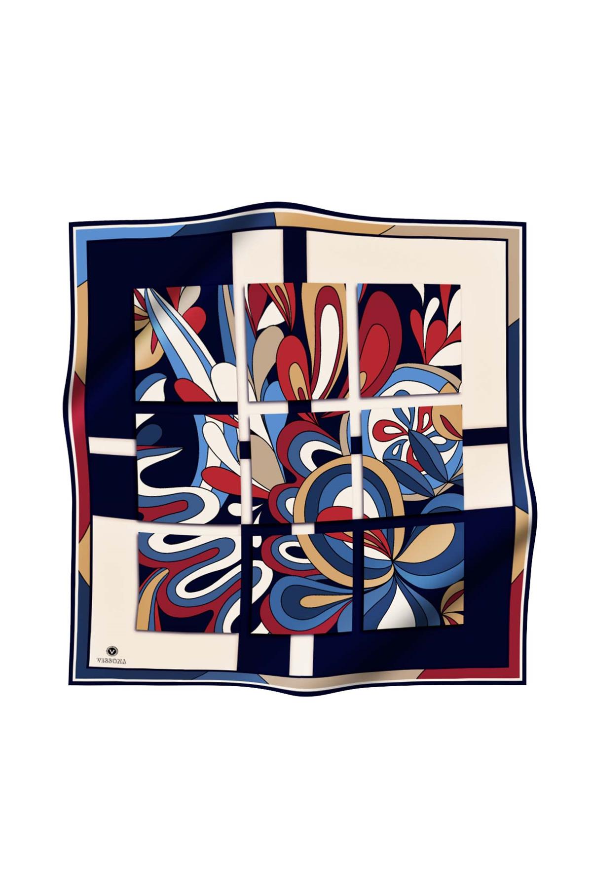 100% Twill İpek Geometrik Desenli Lacivert - Bordo Renkli 90x90 Dikim Şekli : El Dikişi Eşarp