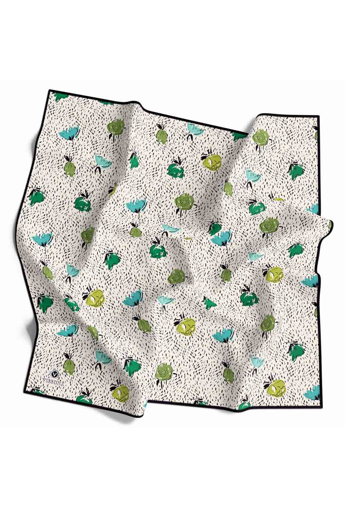 %100 Twill İpek Çıtır Çiçek Desenli Haki - Krem Renkli 90x90 Eşarp Dikim Şekli : El Dikişi