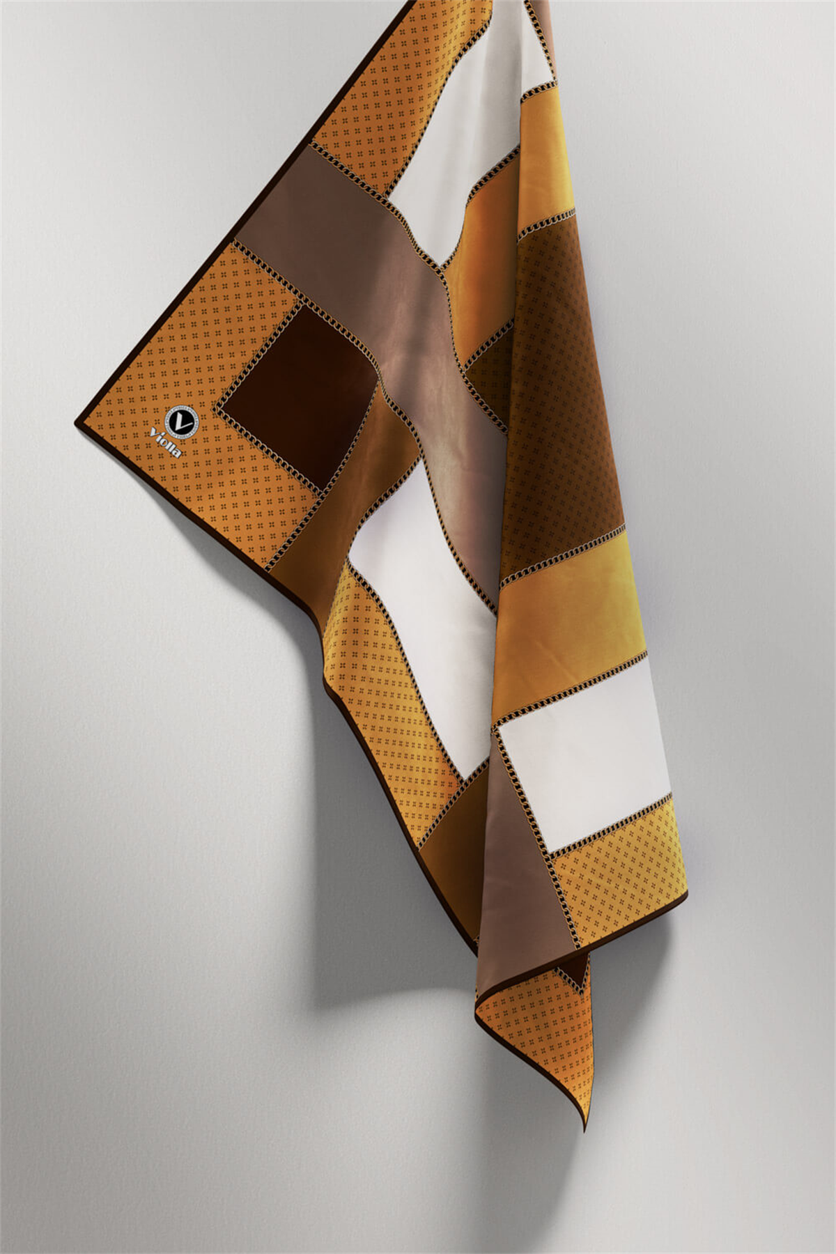 Twill Geometrik Desenli Kahverengi - Hardal Renkli 90x90 Eşarp (İpek İçermez) Kenar Dikiş Şekli El Dikişli