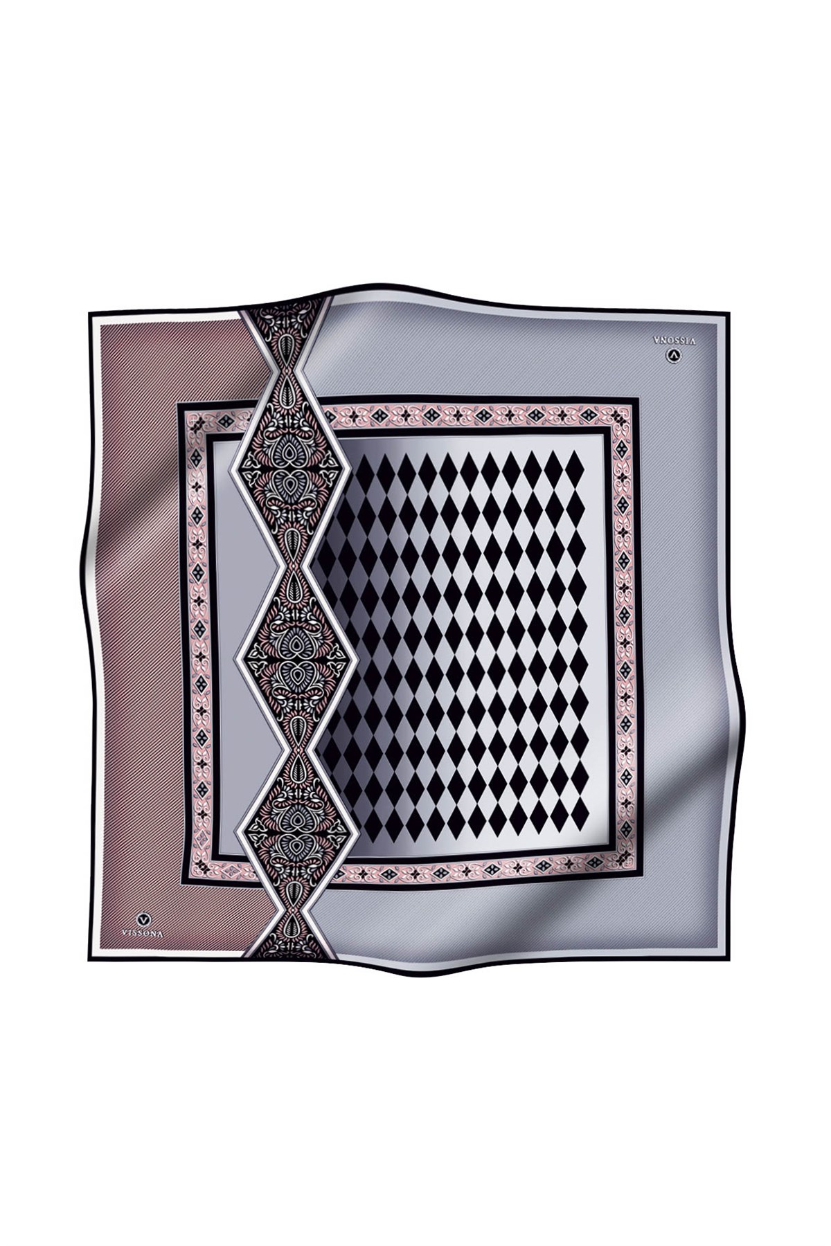 %100 Twill İpek Karo Desenli Pudra - Gri Renkli 90x90 Eşarp Dikim Şekli : El Dikişi