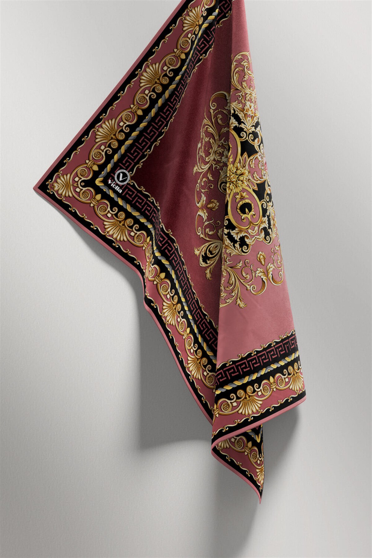 Twill Barok Desenli Gül Kurusu Renkli 90x90 Eşarp (İpek İçermez) Dikim Şekli : El Dikişi