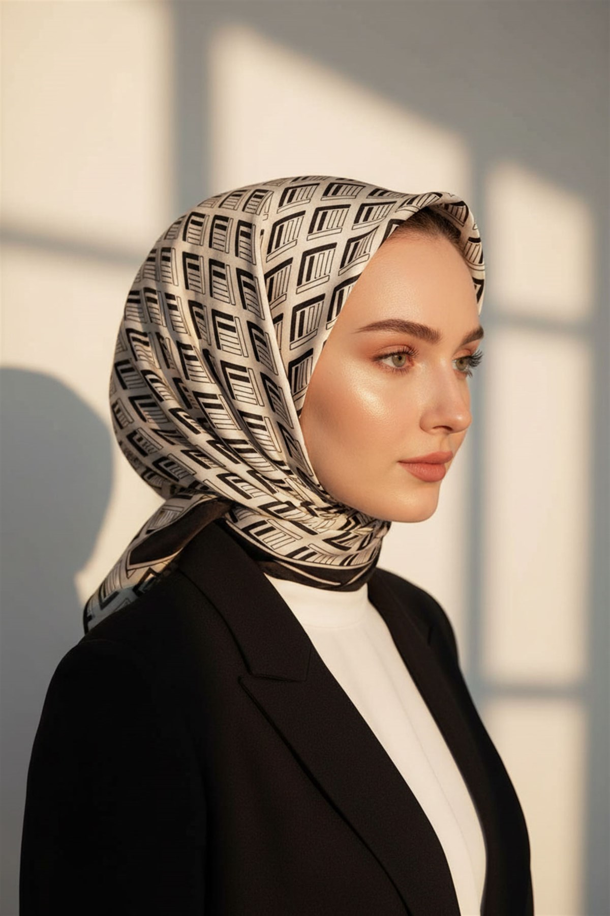 %100 Twill İpek Geometrik Desenli Krem - Siyah Renkli 90x90 Eşarp Dikim Şekli : El Dikişi