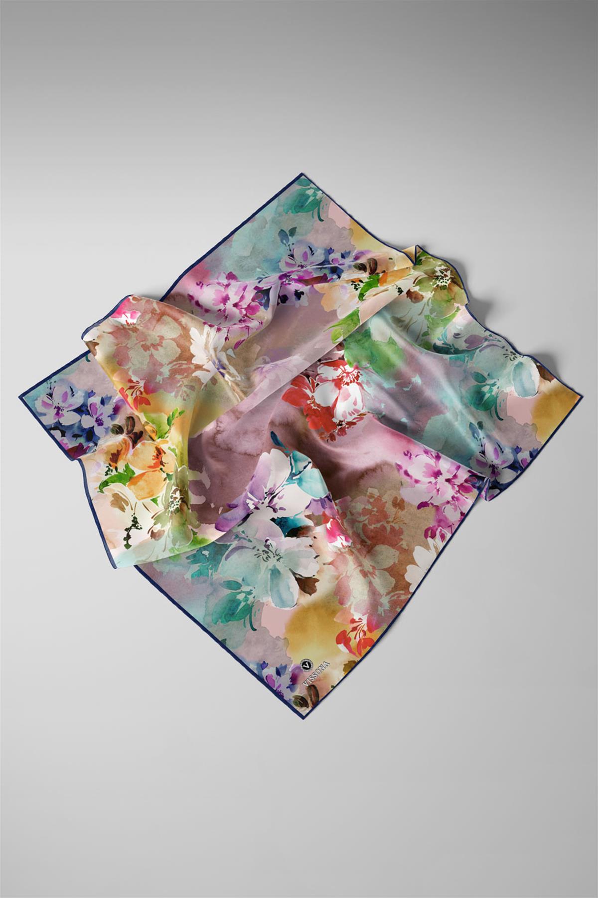 %100 Twill İpek Çiçek  Desenli Lacivert Renkli 90x90 Eşarp Dikim Şekli : El Dikişi