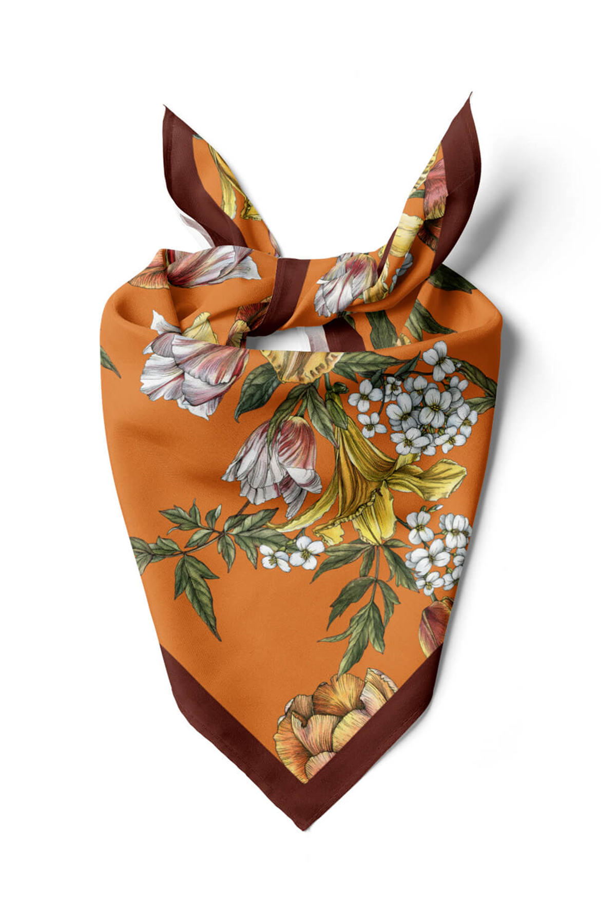 Kadın Çiçek Desenli Bandana 50x50 Turuncu Sarı Beyaz DG0477-22 Snz